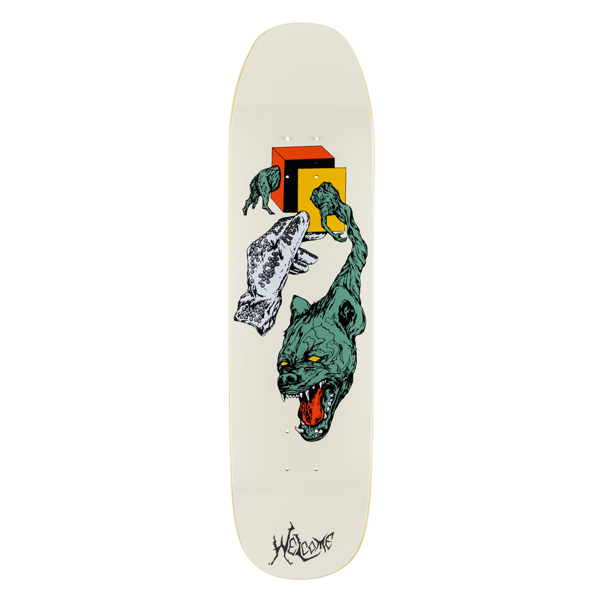 Welcome Face of a Lover on Son of Moontrimmer - Bone - 8.25 skateboard deck: A snarling green wolf-like beast with yellow eyes and a long curling tail reaches towards an orange, black and yellow cube, beside a white gloved hand and a small second creature. Welcome script logo at the bottom, on a bone-coloured shaped deck.