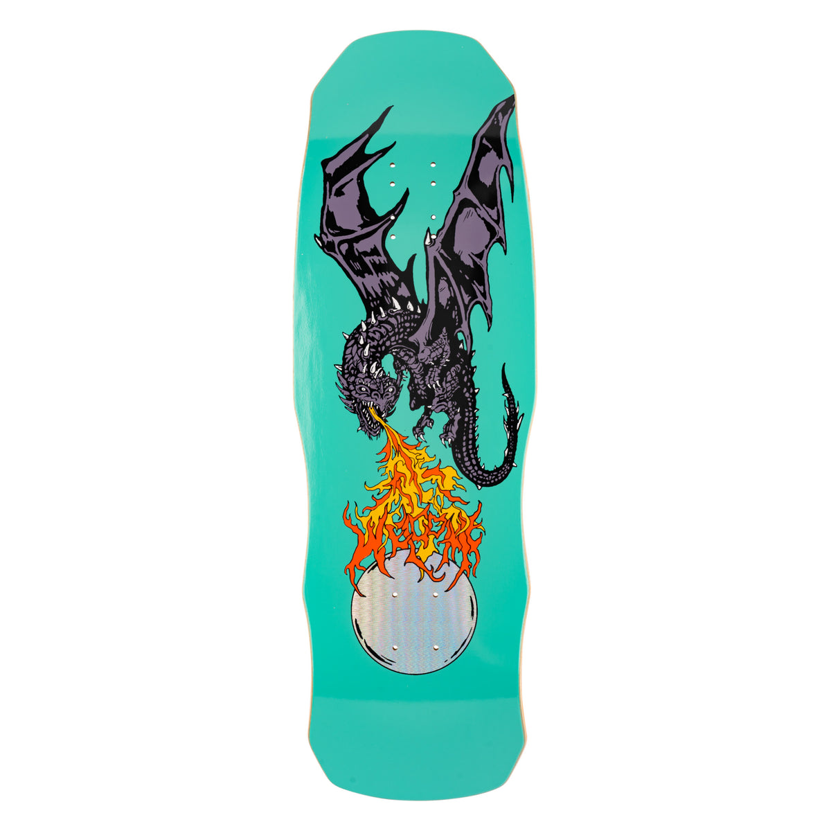 Welcome Fire Breather on Dark Lord - Teal - 9.75 skateboard deck: Dark purple dragon with spread wings breathing a stream of orange flame that spells the Welcome name, over a silver holographic circle. Teal old-school shaped deck.