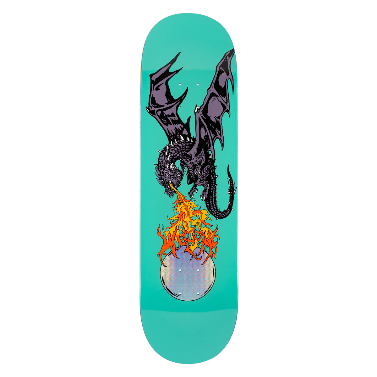 Welcome Fire Breather on Popsicle - Teal - 9.0 skateboard deck: Dark purple dragon with spread wings breathing orange flames that spell the Welcome name over a silver holographic circle, on a teal deck.