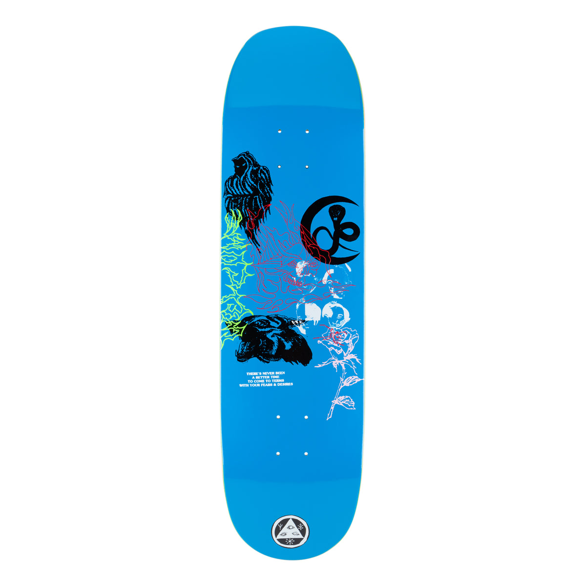 Welcome Flash on Moontrimmer 2.0 - Blue - 8.5 skateboard deck: Scattered black, red and white line-art and print images on a bright blue deck: a hooded figure, a panther head, a crescent moon with snake, a rose, and green spiky lettering. A small block of text and the Welcome triangle logo sit below.