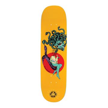 Welcome Ryan Townley skateboard deck: Teal Medusa-like gorgon with snake hair, her head floating above a seated headless woman in a cream top and teal legs, with a purple snake tail curling round a red circle, on a yellow-orange deck. Welcome logo at the tail.