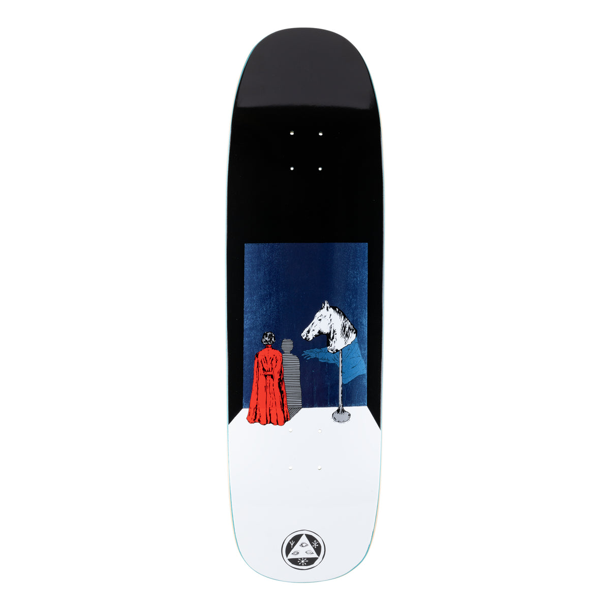 Welcome Haunted Horse on Golem - Black/Blue Foil - 9.25 skateboard deck: Illustration of a figure in a red cloak seen from behind, facing a white horse's head on a stand, with a ghostly shadow hand behind it, in a navy panel between a black nose and white tail. Welcome logo at the tail.