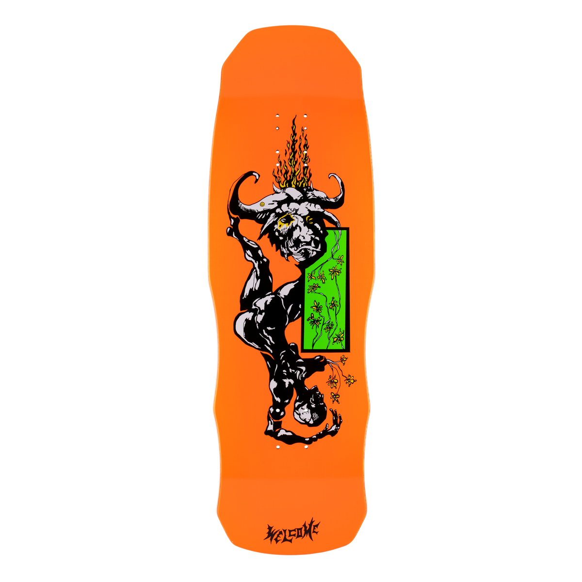 Welcome Horny on Dark Lord - Neon Orange - 9.75 skateboard deck: Neon orange old-school shaped deck with a black horned bull-like demon on all fours, flames burning between its horns, a green rectangle with yellow flowers beside it. Welcome logo at the tail.