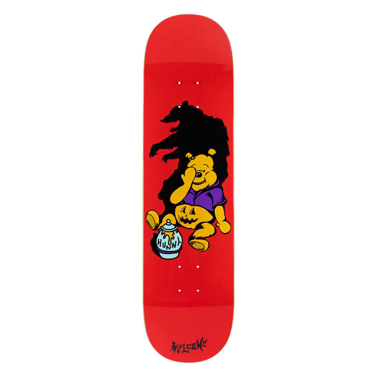 Welcome Hunny on Evil Twin 825 - Red - 8.25 skateboard deck: Cartoon of a honey-loving bear in a purple top, covering one eye and clutching a jack-o'-lantern, beside a honey pot, while its shadow forms a snarling werewolf-like beast on a red deck.