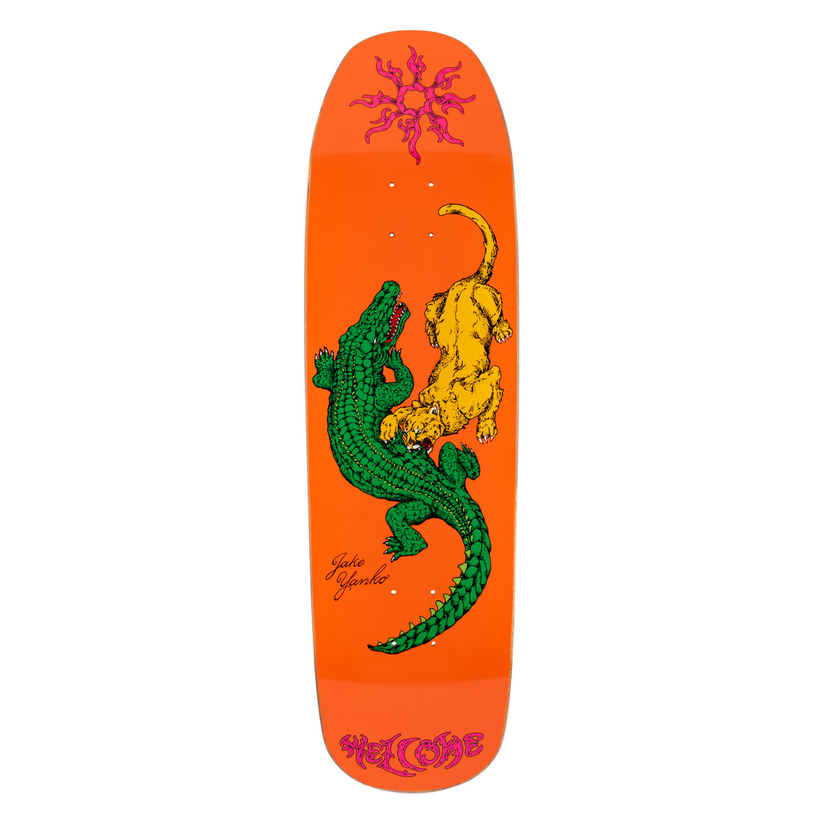 Welcome Jake Yanko Swamp Fight on Panther - Orange - 9.0 skateboard deck: Green alligator locked in a fight with a yellow big cat, drawn in a fine engraved style on an orange deck, with a pink sun motif at the top and Welcome in pink lettering at the tail. Signature beside the alligator.
