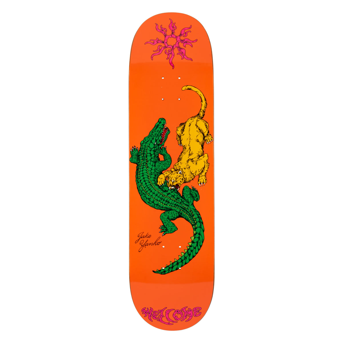 Welcome Jake Yanko Swamp Fight on Popsicle - Orange - 8.5 skateboard deck: Orange deck showing a green crocodile and a yellow big cat locked in a fight, drawn in a bold illustrated style. Pink flaming sun motif at the nose and Welcome logo in pink at the tail.