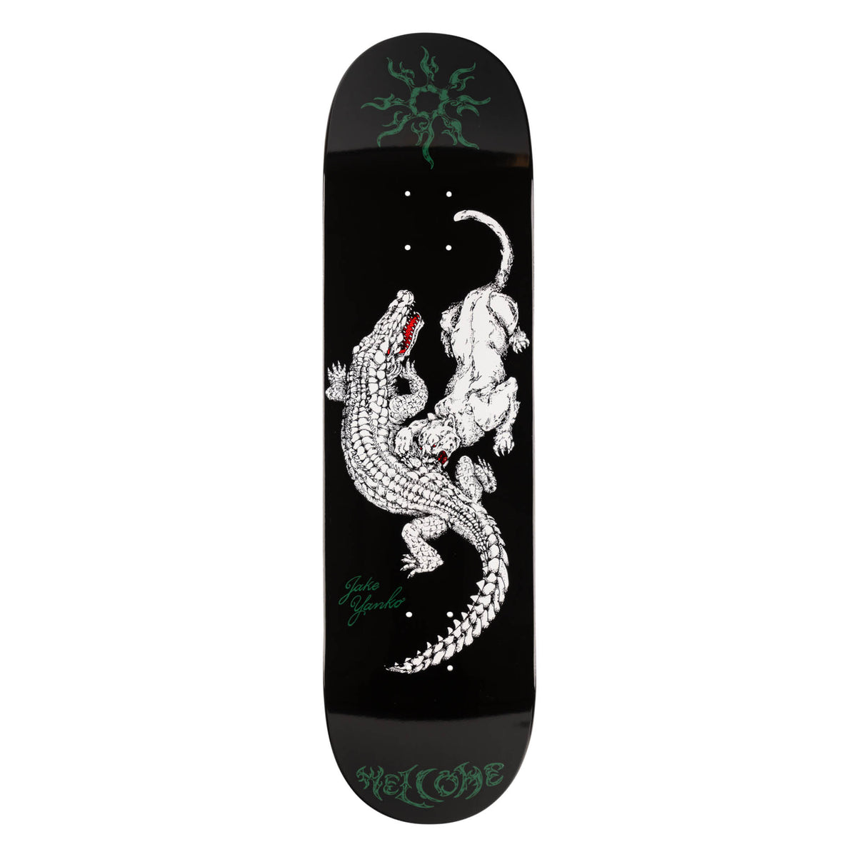 Welcome Jake Yanko Swamp Fight on Popsicle - White/Black - 8.5 skateboard deck: A white line-drawn crocodile and big cat locked in a fight on a black deck, with a green tribal sun at the nose, a green Jake Yanko signature and Welcome in gothic lettering at the tail.