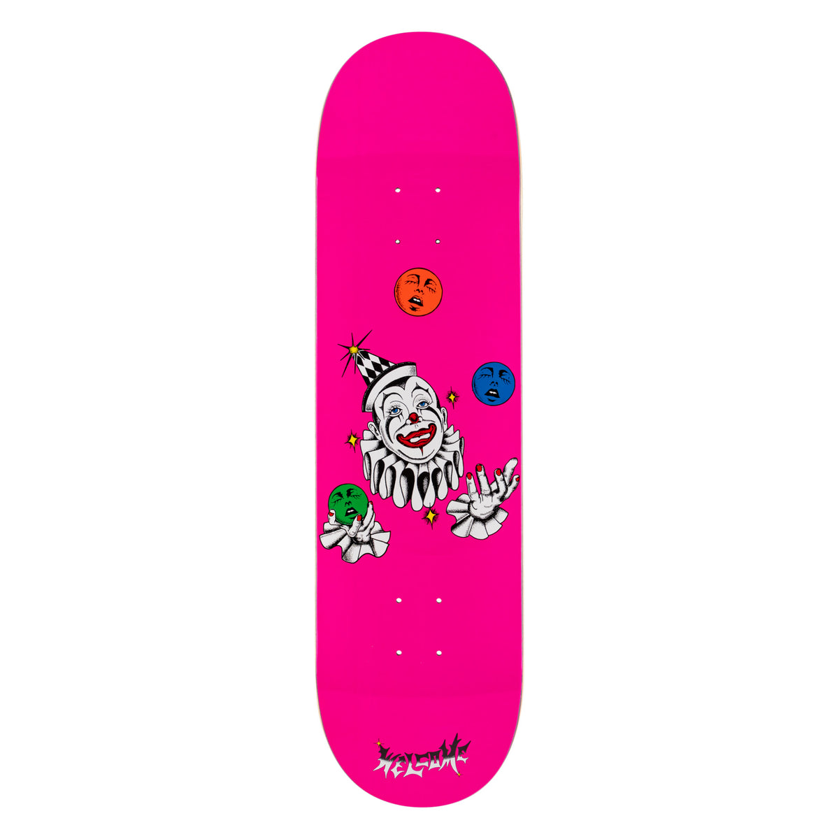 Welcome Juggle On Popsicle - Magenta - 8.5 skateboard deck: Hot pink deck with a white-faced clown in a ruff and checked cone hat juggling three coloured balls with weeping faces. Welcome logo in jagged lettering at the tail.