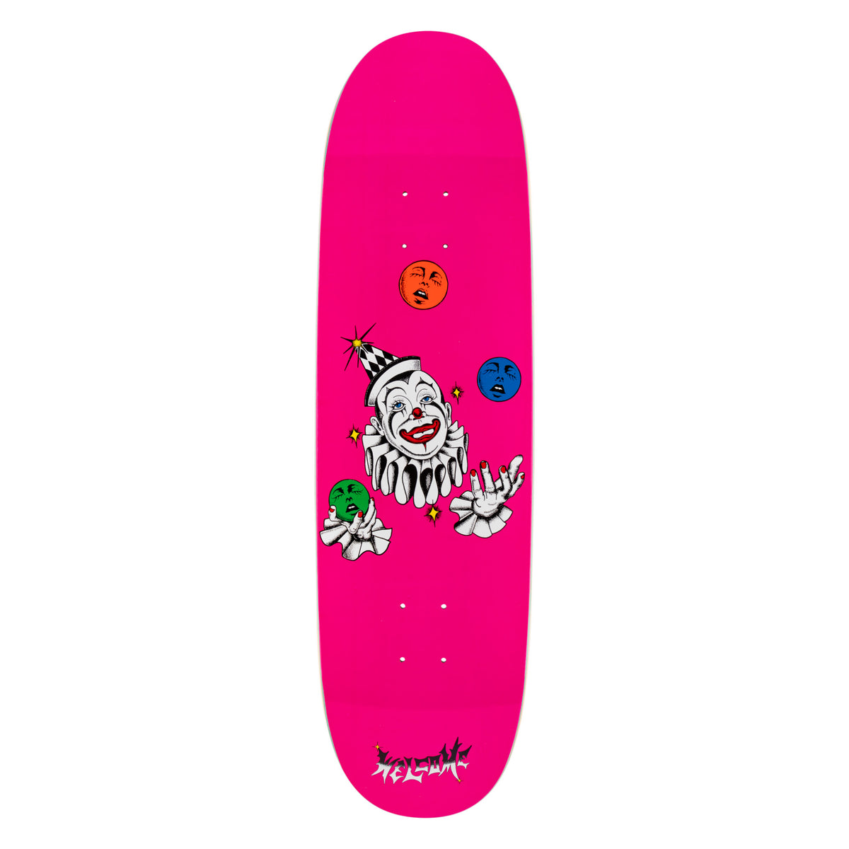 Welcome Juggle On Son of Boline - Magenta - 8.8 skateboard deck: Hot pink shaped deck with a white-faced clown in a ruff and checked cone hat juggling three coloured balls with weeping faces. Welcome logo in jagged lettering at the tail.