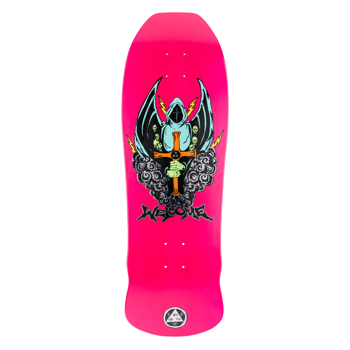 Welcome Knight on Early Grab - Neon Pink Dip - 10 skateboard deck: A hooded, winged reaper in pale blue gripping a wooden cross, with small green skulls, lightning bolts and swirling grey clouds, on a neon pink old-school shaped deck. Welcome lettering below and a round logo at the tail.
