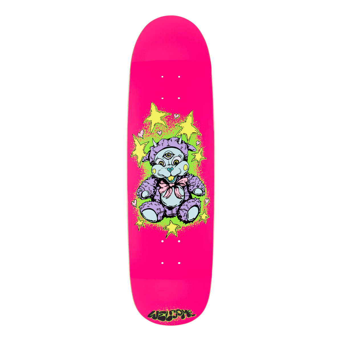 Welcome Lamby on Atheme - Hot Pink - 8.8 skateboard deck: Hot pink shaped deck with a cartoon purple and pale blue teddy bear with three eyes and small horns, sitting among yellow stars, hearts and a green spray glow. Welcome in bubble lettering at the tail.