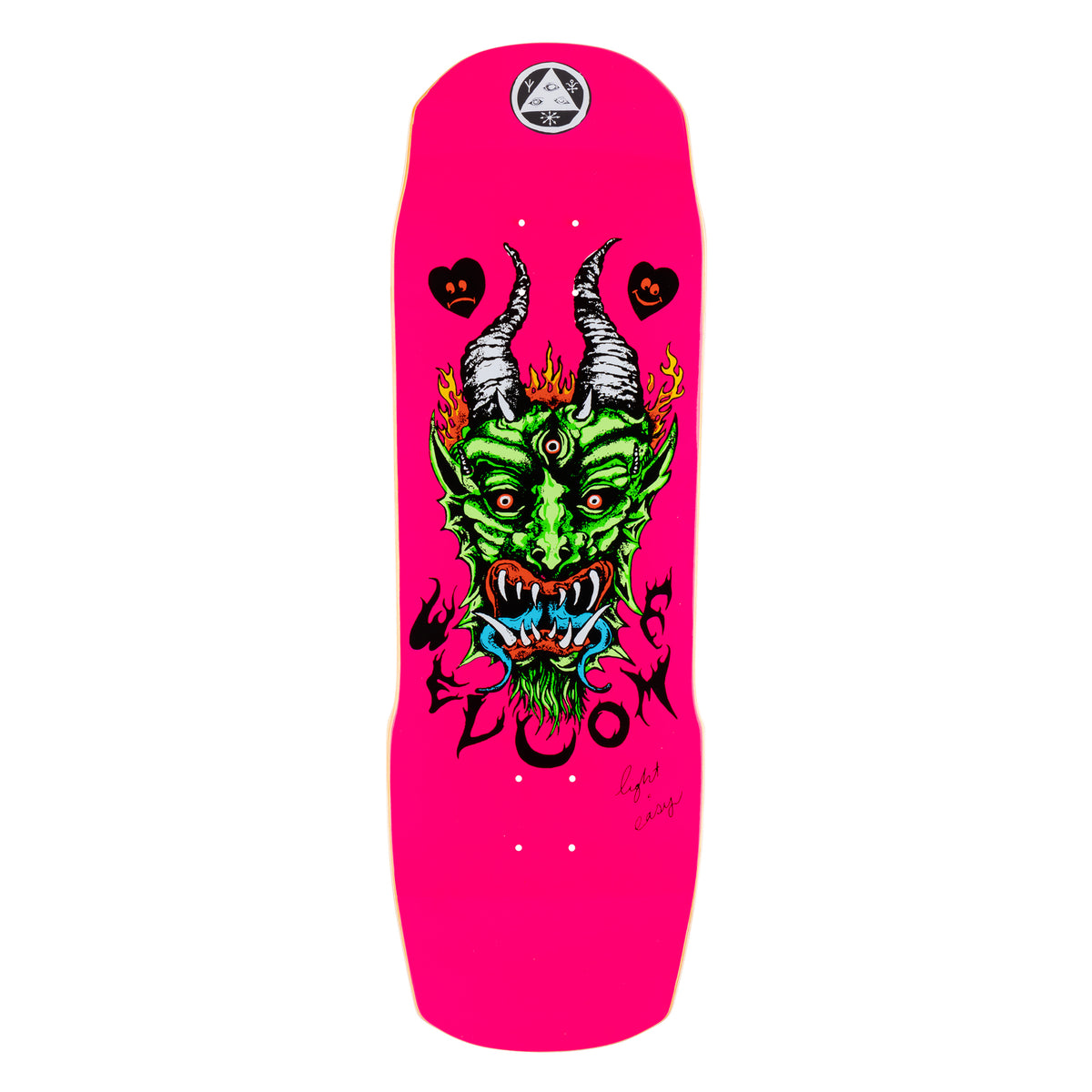 Welcome Light and Easy on Totem 2.0 - Neon Pink - 9.75 skateboard deck: A green three-eyed horned demon head with fangs, flames and a blue tongue, between two black frowning hearts, on a neon pink shaped deck. Welcome in black scrawled lettering with a small triangle eye badge at the top.