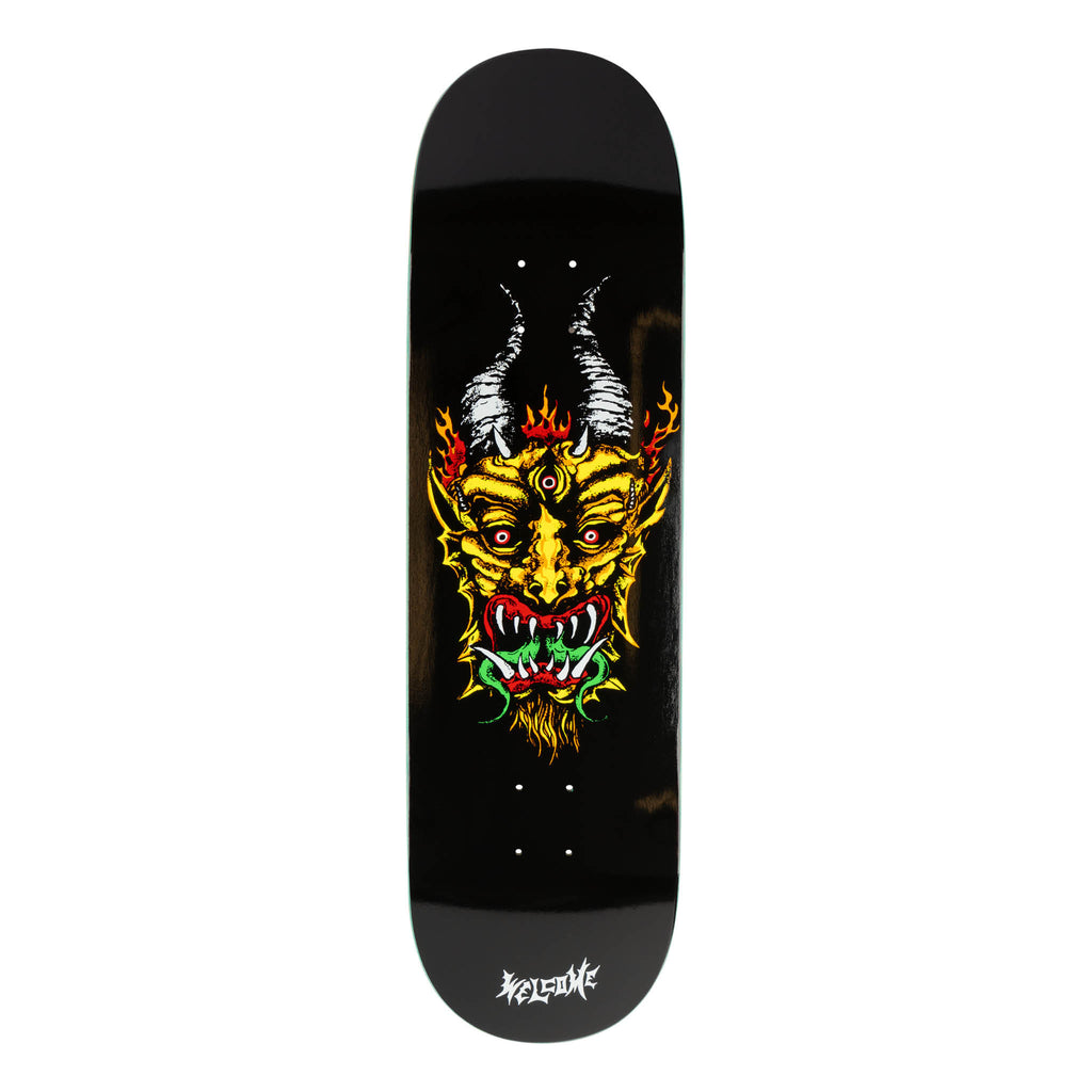 Welcome Light & Easy on Popsicle - Black skateboard deck: A yellow horned demon face with three eyes, fangs, a goatee and flames at the brows, drawn in a bold tattoo-like style on a black deck, with Welcome lettering in white at the base.