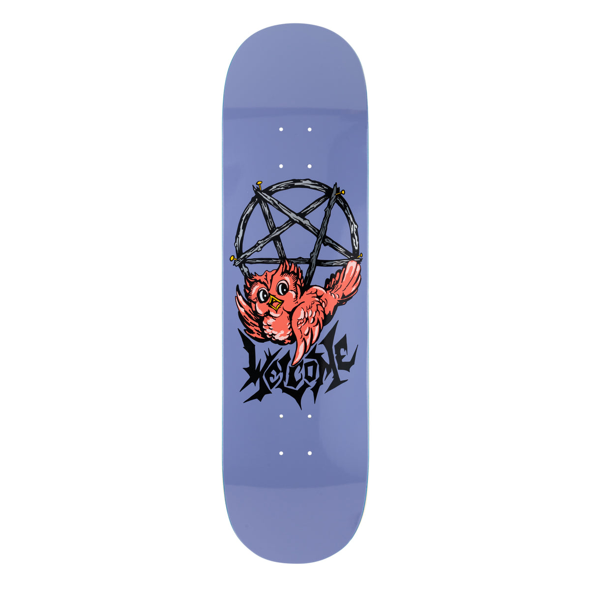 Welcome Lil Owl on Evil Twin - Dusk - 8.5 skateboard deck: Small cartoon red owl perched on an upside-down pentagram made of nailed twigs, above the Welcome logo in jagged black lettering, on a dusky periwinkle purple deck.