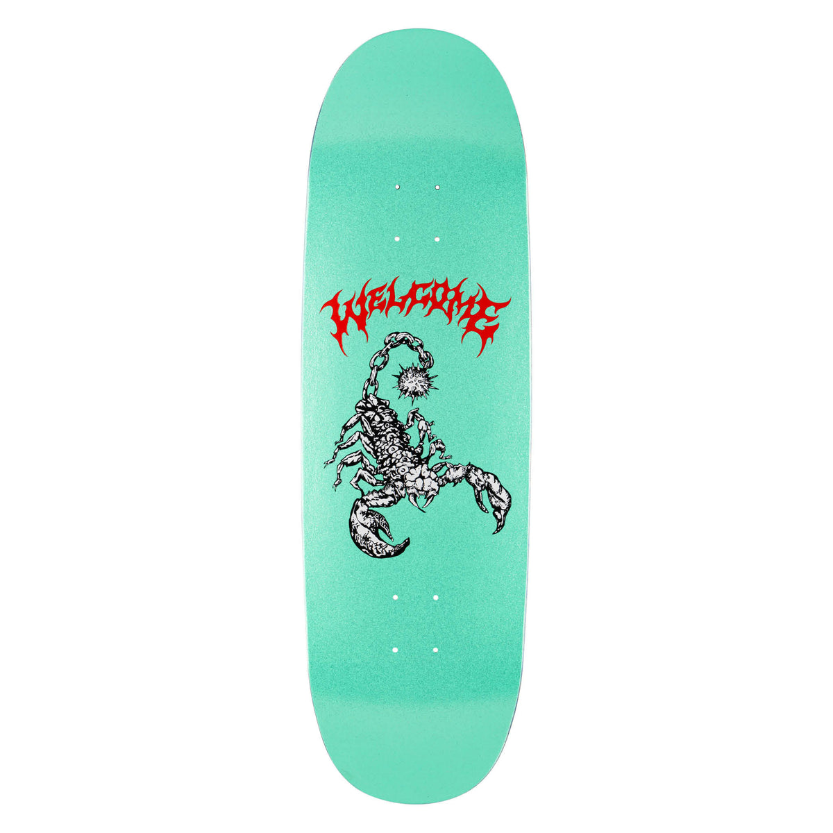 Welcome Mace on Boline 2.0 - Teal/Glitter - 9.5 skateboard deck: A black and white detailed scorpion with a spiked mace-ball on its tail sits below red gothic Welcome lettering, on a glittery teal deck in a wide shaped board outline.