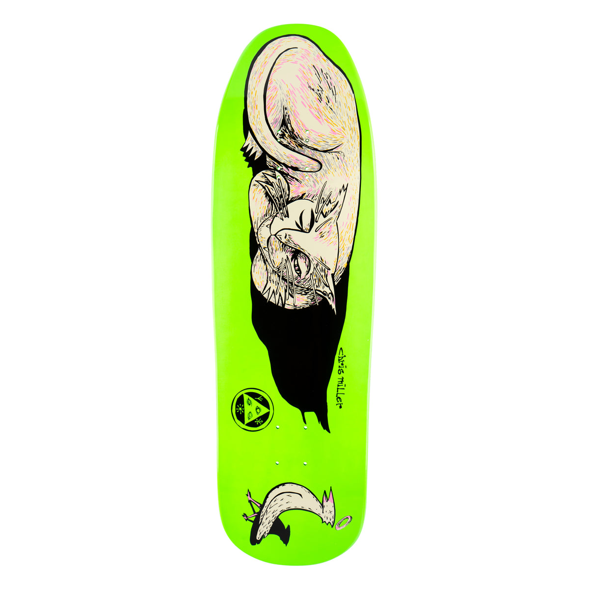 Welcome Miller Sleeping Cat on Gaia - Neon Green Dip - 9.6 skateboard deck: Sketchy illustration of a cream cat curled asleep, tail wrapped round, with a black shadow trailing down, plus a small fox-like animal near the tail, on a neon green shaped deck. Welcome logo and artist name in script.
