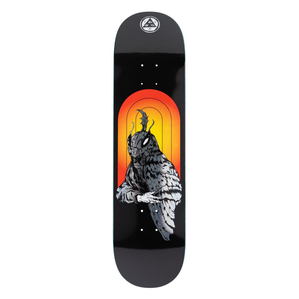 Welcome Mothman on Evil Twin 825 - Black/Glitter Foil - 8.25 skateboard deck: Grey illustrated mothman with antennae and pale glowing eyes, wrapped in a cloak and clasping its hands, in front of an arched red, orange and yellow gradient doorway on black. A round Welcome emblem sits at the nose.