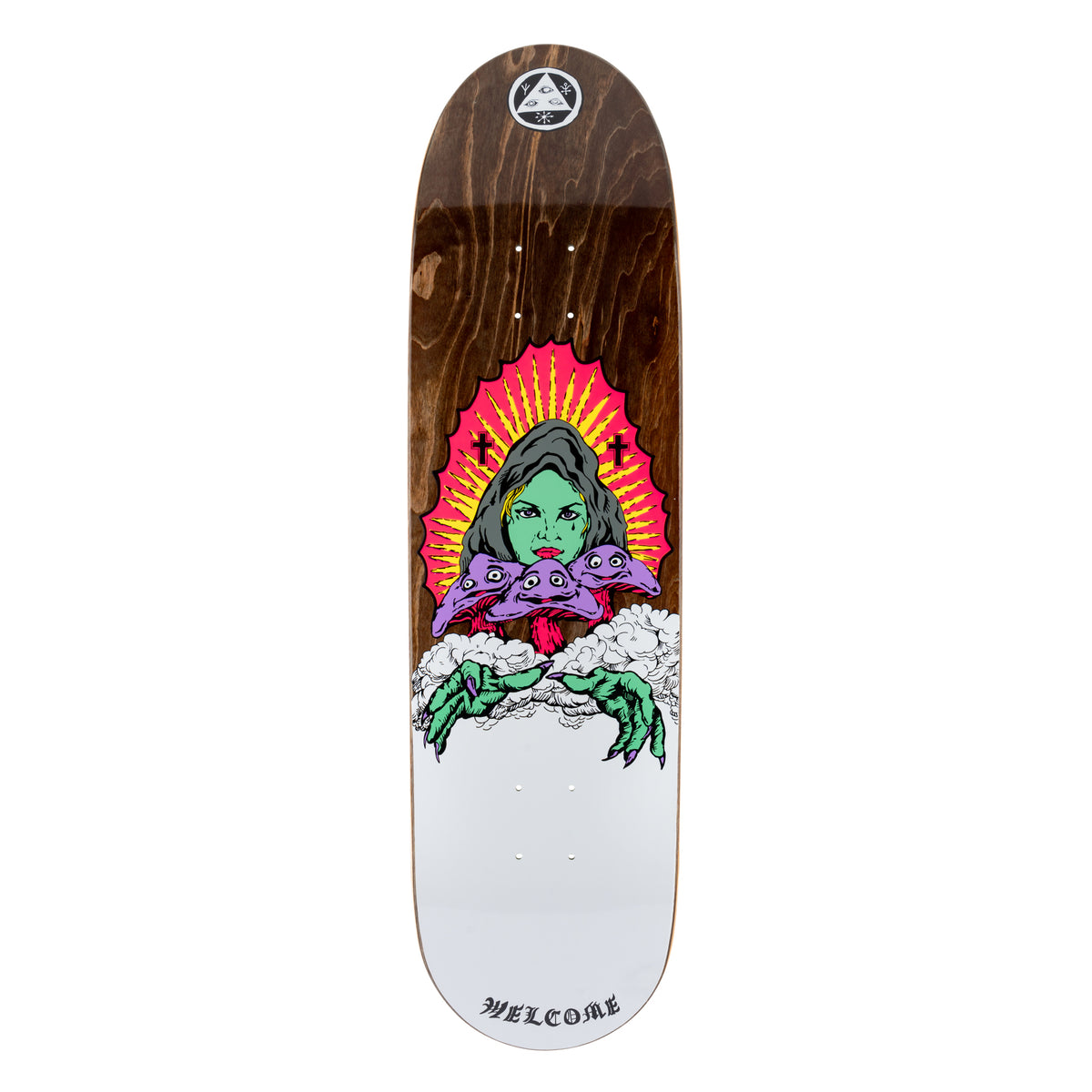Welcome Mushroom Witch on Pysanka - Brown Stain skateboard deck: Brown-stained wood top with a green-faced hooded witch before a pink and yellow halo with crosses, three purple mushrooms with eyes, and green clawed hands on clouds. Welcome logo at the nose, wordmark at the tail.