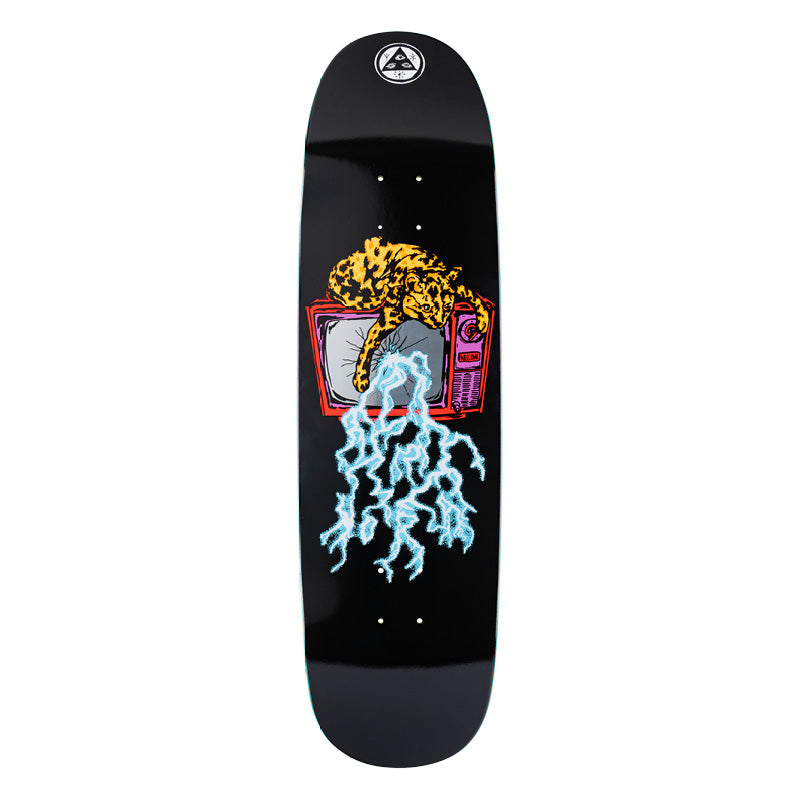 Welcome Nora Static on Sphynx - Black - 8.8 skateboard deck: Spotted leopard-like big cat lounging on a red retro television, with pale blue lightning pouring from its screen, on a black deck. The Welcome logo sits at the nose.