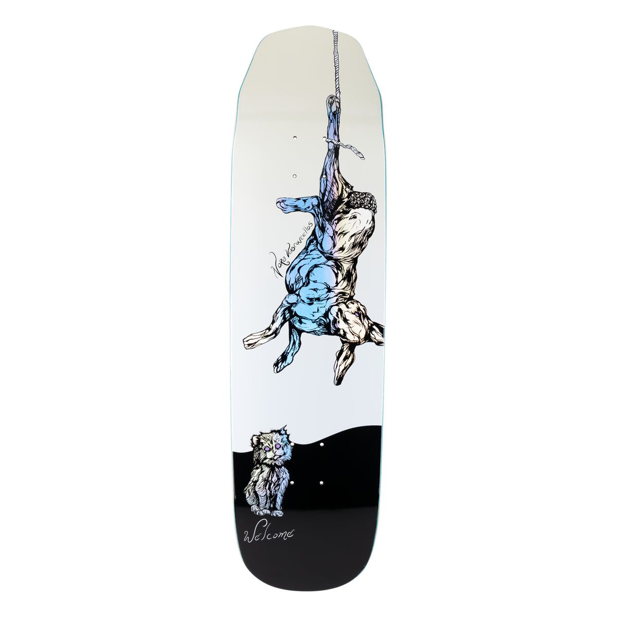 Welcome Nora Vasconcellos Fairy Tale on Wicked Queen - Bone/Prism Foil - 8.6 skateboard deck: A line drawing of a figure hung upside down by one ankle from a rope, with a blue to cream prism-foil finish, while a small kitten sits below on a black base at the bottom. The deck is a cream wide shape with a squared nose.
