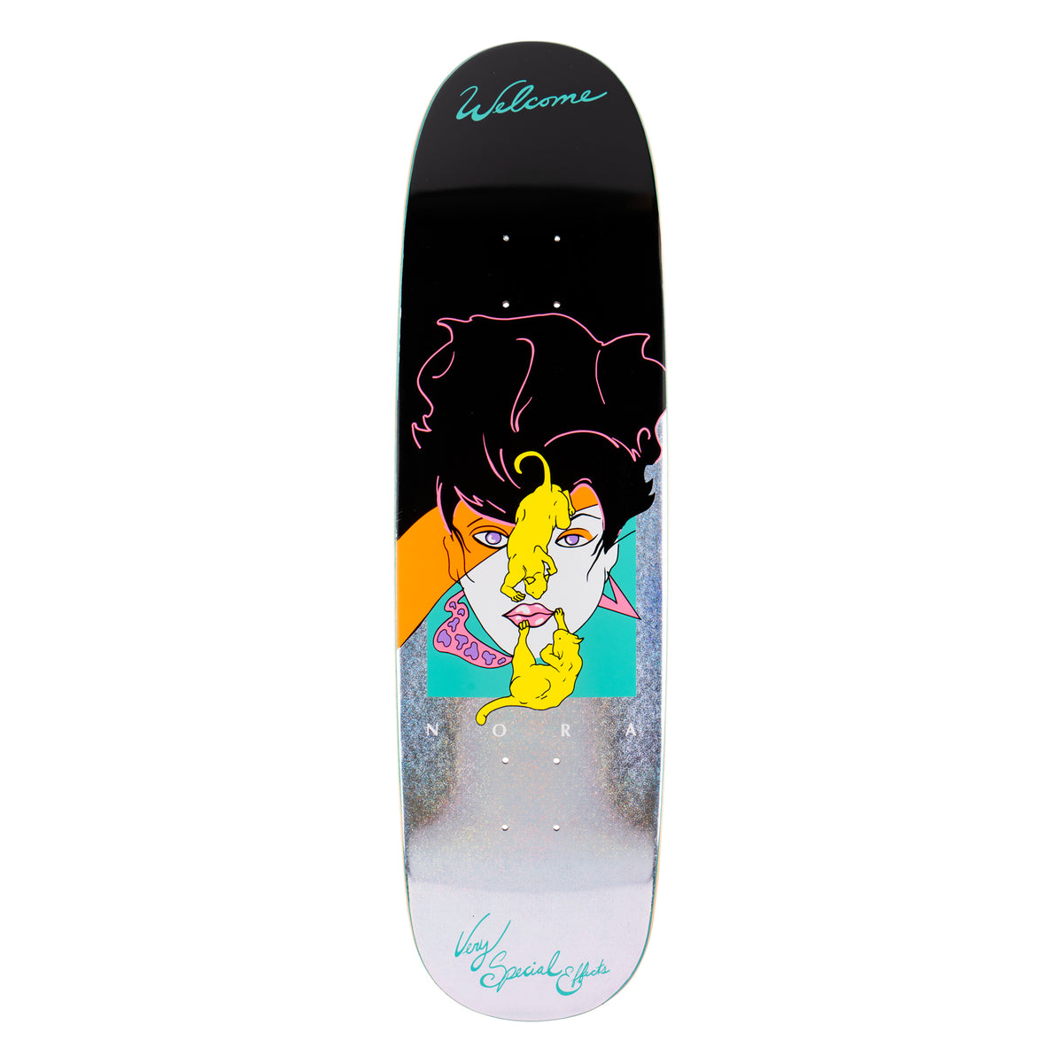 Welcome Nora Vasconcellos Special Effects on Sphynx - Black/Glitter Foil - 8.8 skateboard deck: Retro 1980s-style fashion illustration of a woman with black hair, with two yellow cats climbing over her face, in pink, orange and teal blocks on a black shaped deck with a glitter foil lower half. Welcome script and Very Special Effects text.