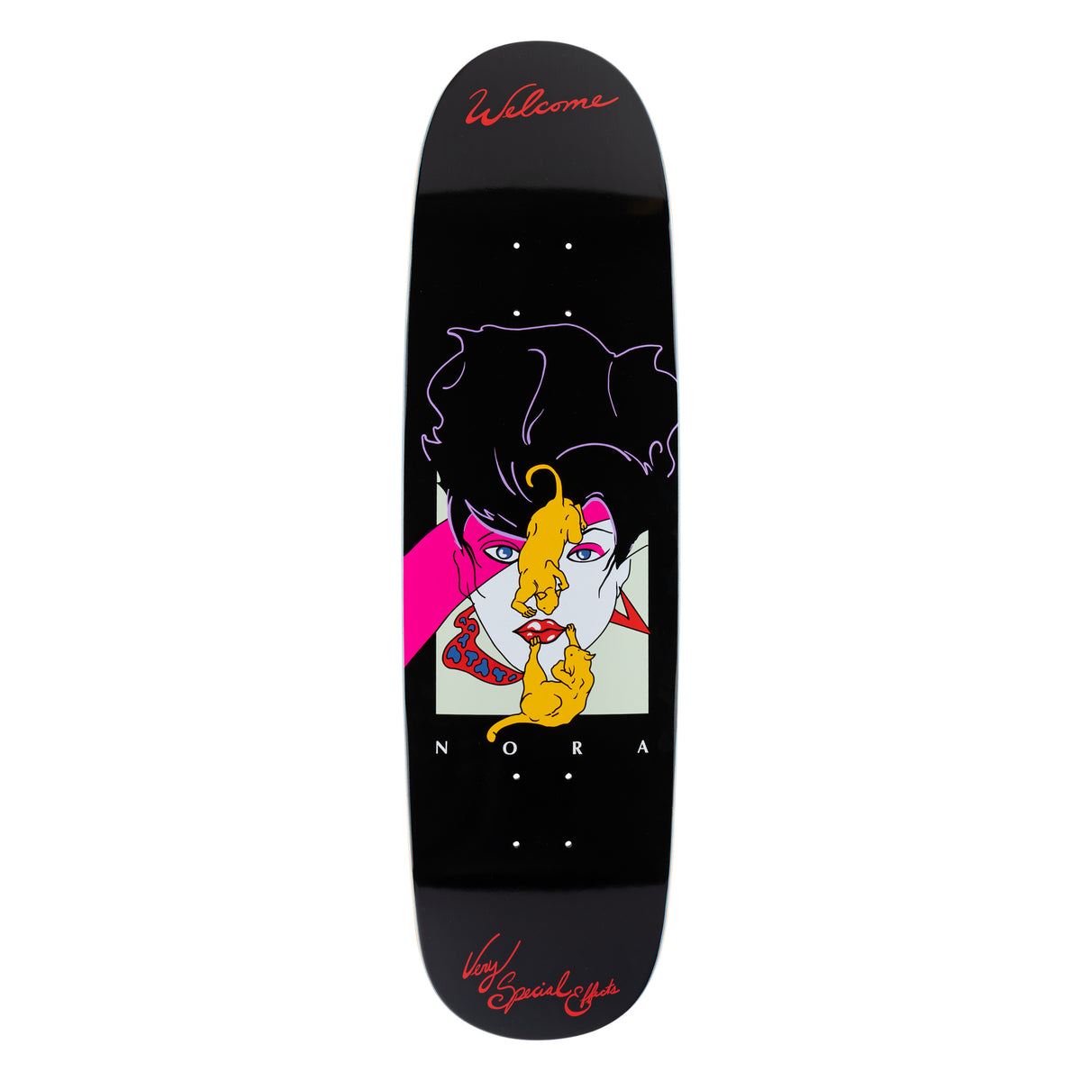 Welcome Nora Vasconcellos Special Effects on Sphynx - Black - 8.8 skateboard deck: Black shaped deck with a stylised 1980s-style illustration of a woman's face with dark hair, framed in a pale square with a pink diagonal band. Two orange cats climb across her face. Red script reads Welcome at the top.