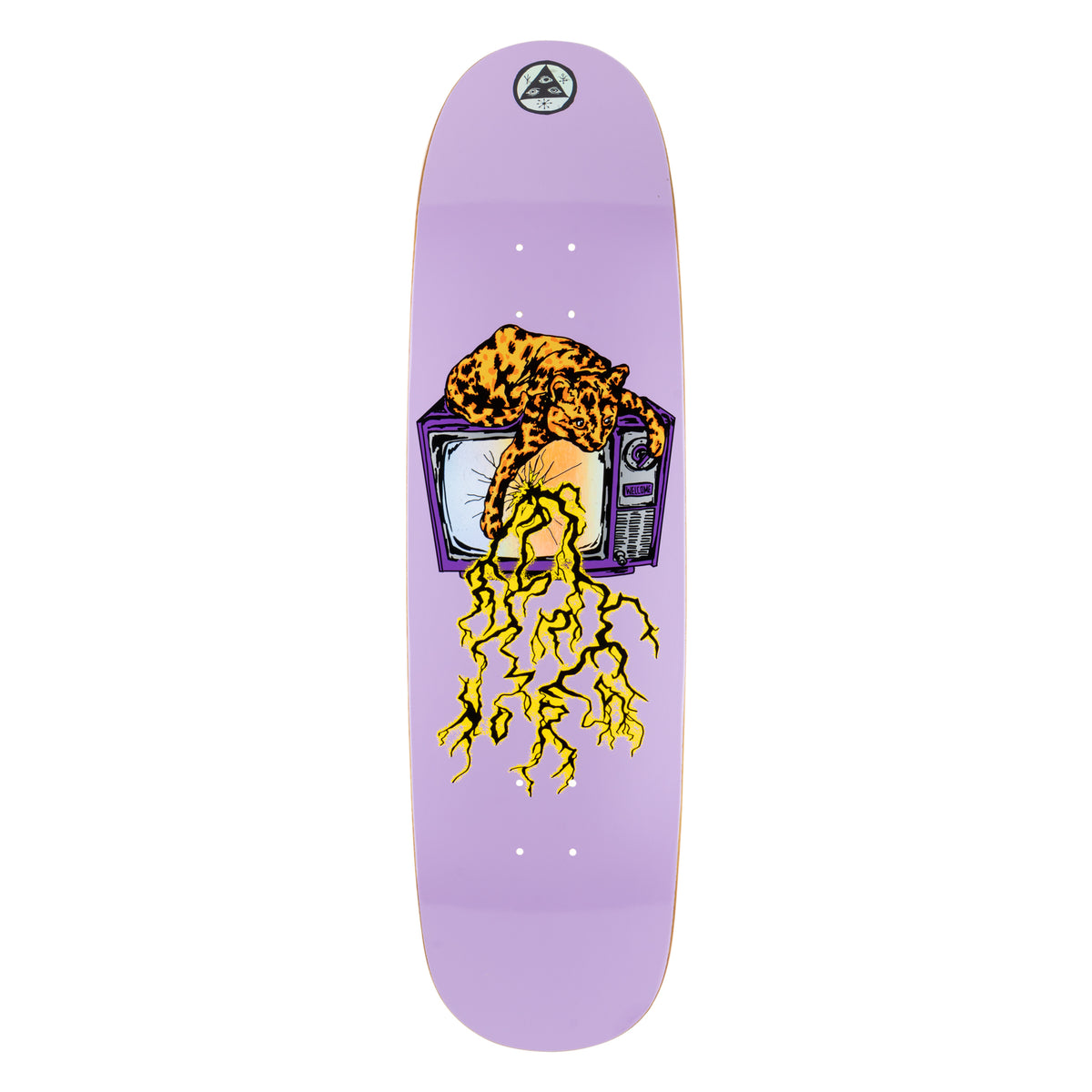 Welcome Nora Vasconcellos Static on Sphynx - Lavender - 8.8 skateboard deck: Lavender shaped deck with a spotted leopard lying on top of an old television, a yellow lightning bolt streaming from the screen. Small Welcome triangle logo at the nose.