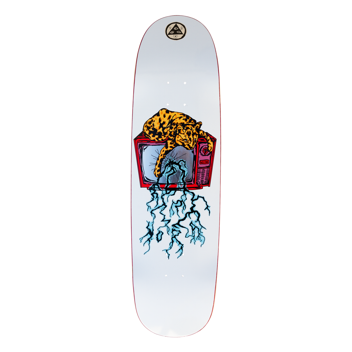 Welcome Nora Vasconcellos Static on Sphynx - White - 8.8 skateboard deck: A spotted leopard lounging on top of a red retro television with a cracked screen, blue lightning bolts striking down from it, on a white deck with a Welcome triangle logo at the nose.