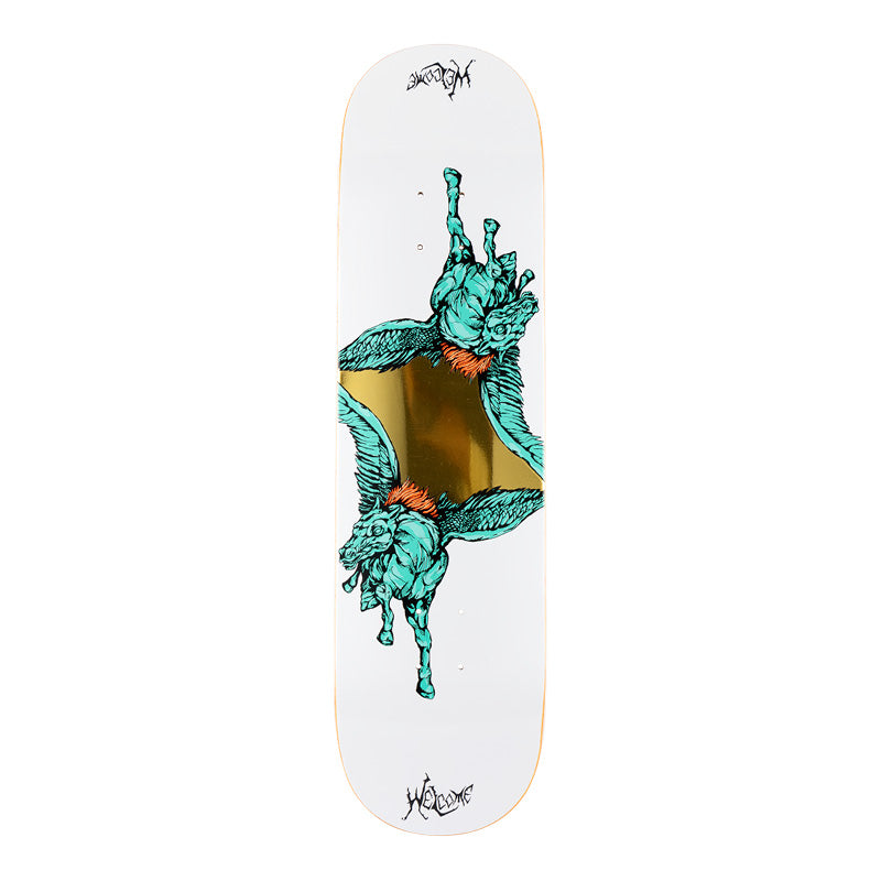 Welcome Peggy on Evil Twin 825 - White - 8.25 skateboard deck: White deck with two mirrored teal winged horses, drawn in an inked style with orange manes, joined by a gold foil panel in the middle. Welcome lettering at nose and tail.