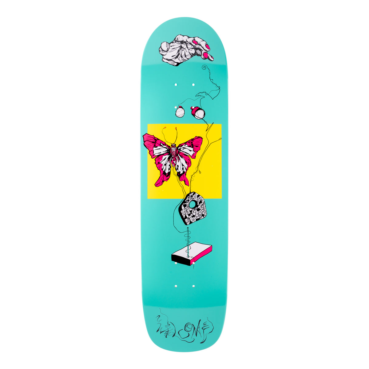 Welcome Puppet Master on Son of Planchette - Teal/White Dip - 8.38 skateboard deck: Teal deck with a hand dangling strings from the top, connected to a pink and white butterfly on a yellow square, a patterned dice-like shape and a small block. Two small eyes and handwritten brand lettering are also visible.