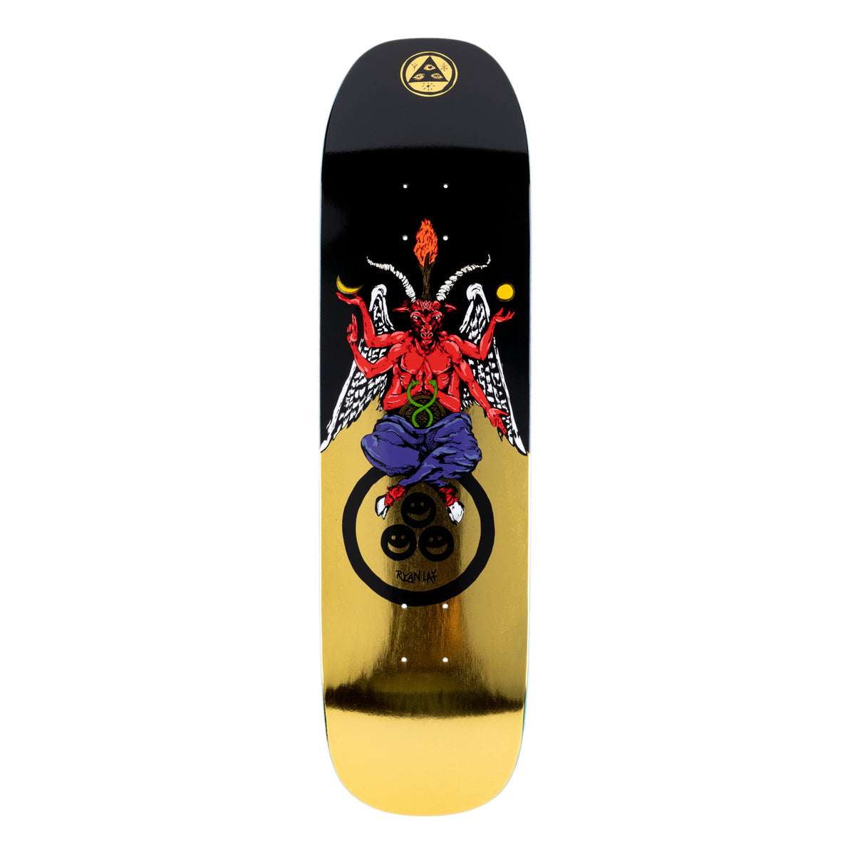 Welcome Ryan Lay Bapholit on Stonecipher - Black/Gold Foil - 8.6 skateboard deck: Black and gold foil shaped deck with a red goat-headed winged demon seated cross-legged in blue trousers, holding a flame between its horns, above a black ring containing three smiley faces. Welcome triangle logo at the nose.