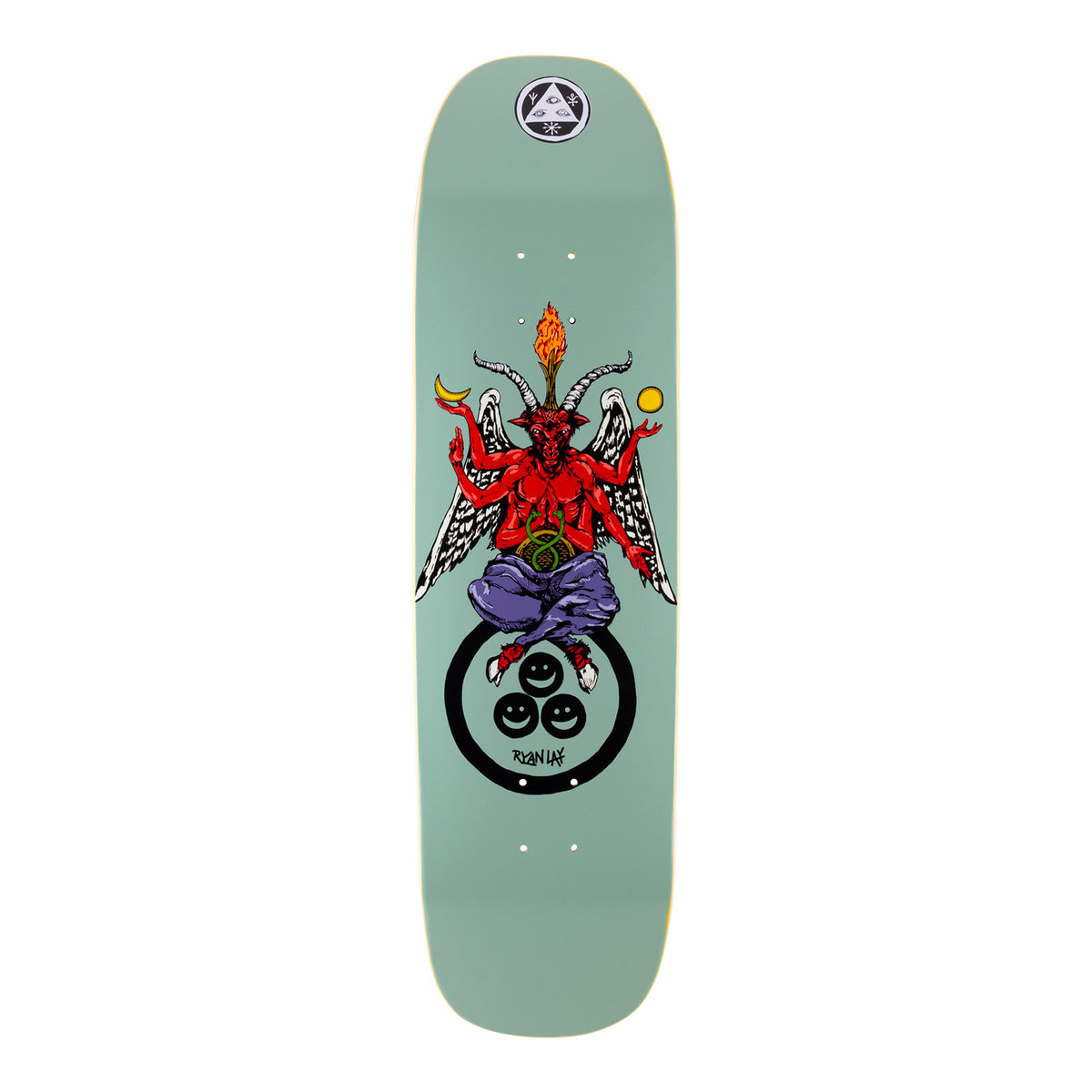 Welcome Ryan Lay Bapholit on Stonecipher - Sage - 8.6 skateboard deck: Red winged goat-headed Baphomet figure sitting cross-legged with a flame between its horns, holding a crescent moon and a sun, above a black ring with three smiley faces. Welcome triangle logo at the nose on sage green.