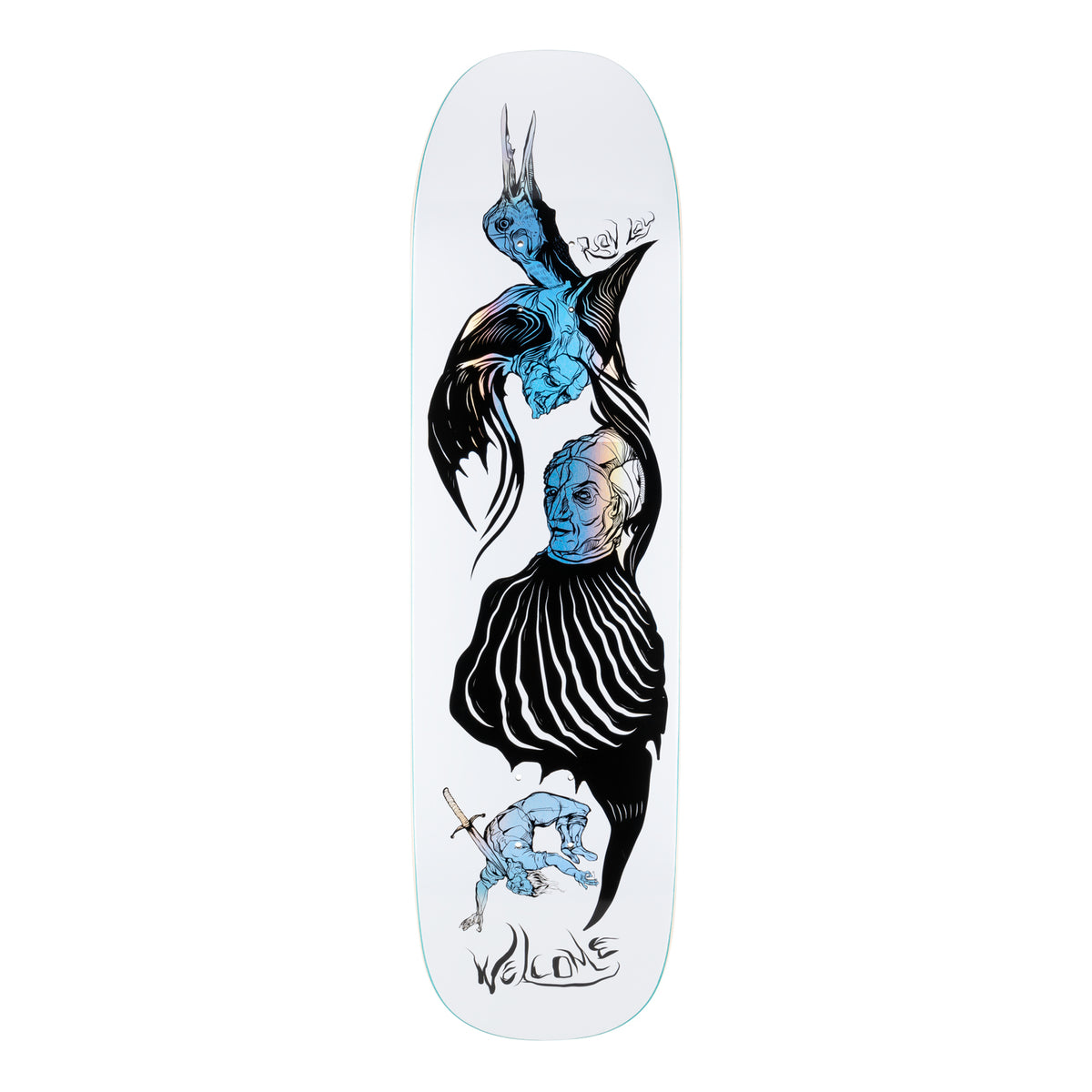 Welcome Ryan Lay Isobel on Stonecipher - White/Prism Foil - 8.6 skateboard deck: Stacked illustration in black with blue prism foil: a horned bird of prey at the top, a stern older man's face above a ribbed black cloak, and a small tumbling swordsman below, on white. Welcome signature at the tail.