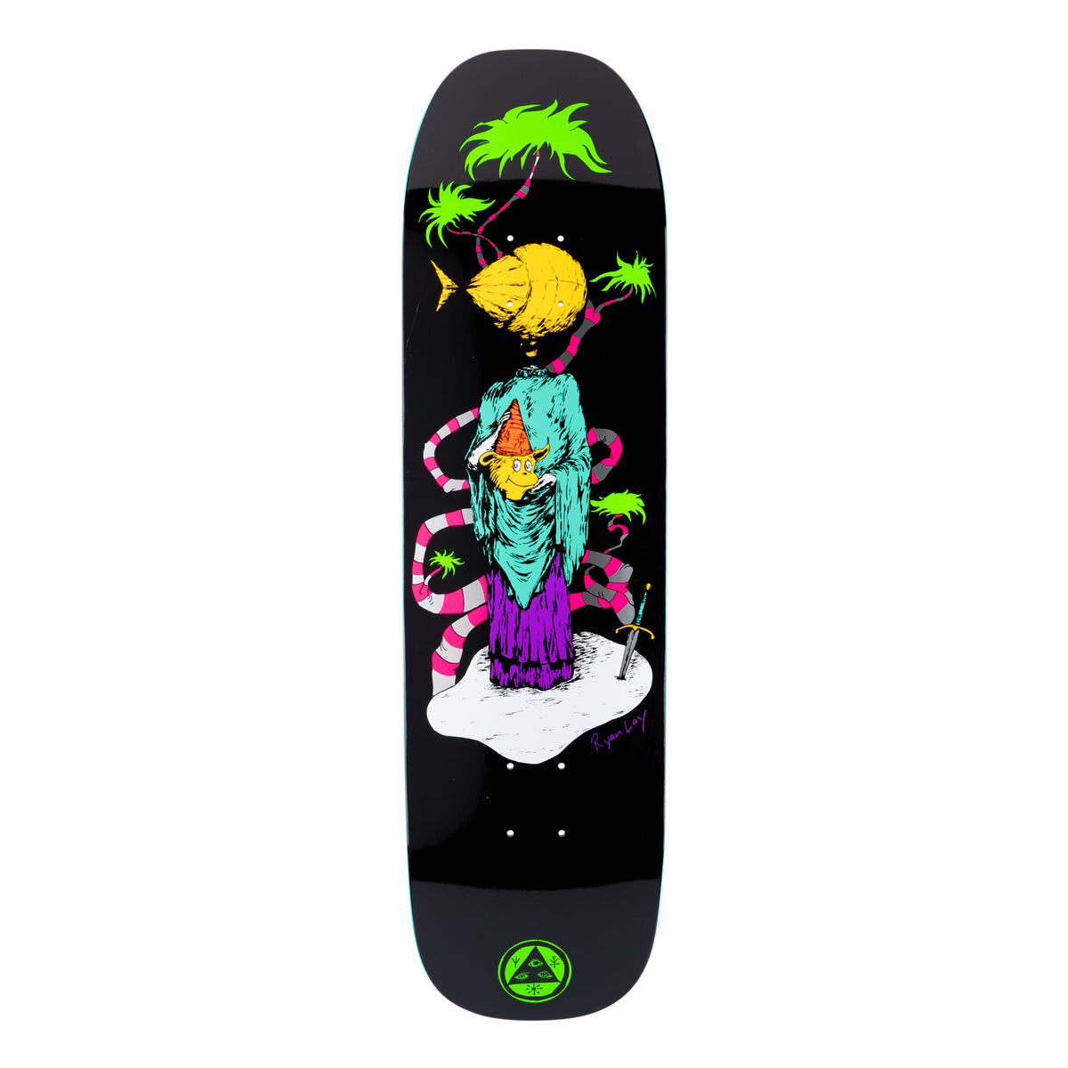 Welcome Ryan Lay Light - Headed on Stonecipher - Black/White - 8.6 skateboard deck: A hand-drawn, brightly coloured figure in a teal robe and purple skirt holds a small orange creature, with a large yellow fish for a head. Pink striped tentacles, green tufts and a sword in the snow surround it on black.