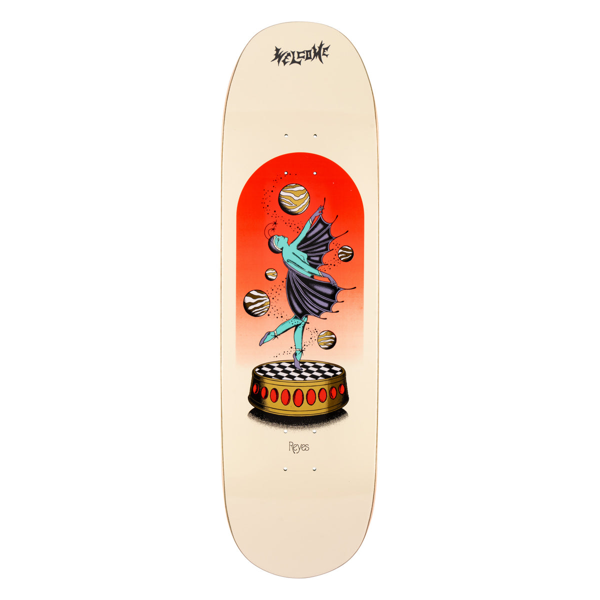 Welcome Ryan Reyes Dancer on Baculus 2.0 - Bone/Gold Foil - 9.0 skateboard deck: Tattoo-style illustration of a winged ballet dancer on pointe atop a checkered music-box pedestal, surrounded by striped planets inside a red-to-orange arched panel. Welcome logo at the top on a bone-coloured shaped deck.