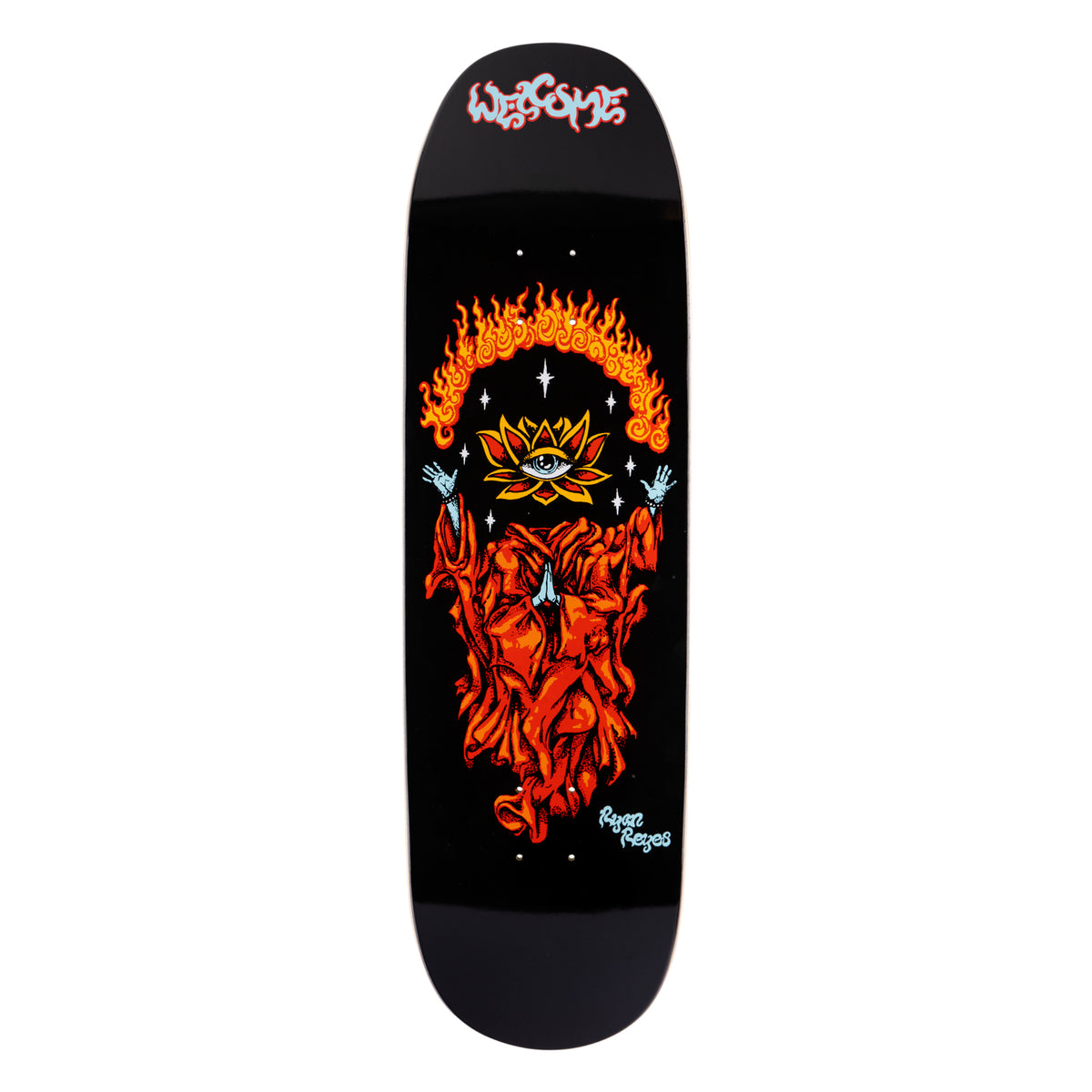 Welcome Ryan Reyes Rebirth on Baculus 2 - Black - 9.0 skateboard deck: Robed figure with praying hands rising in flames, with blue hands raised either side and a lotus flower containing an eye above, on a black shaped deck. Brand logo at the top and rider's signature near the bottom.