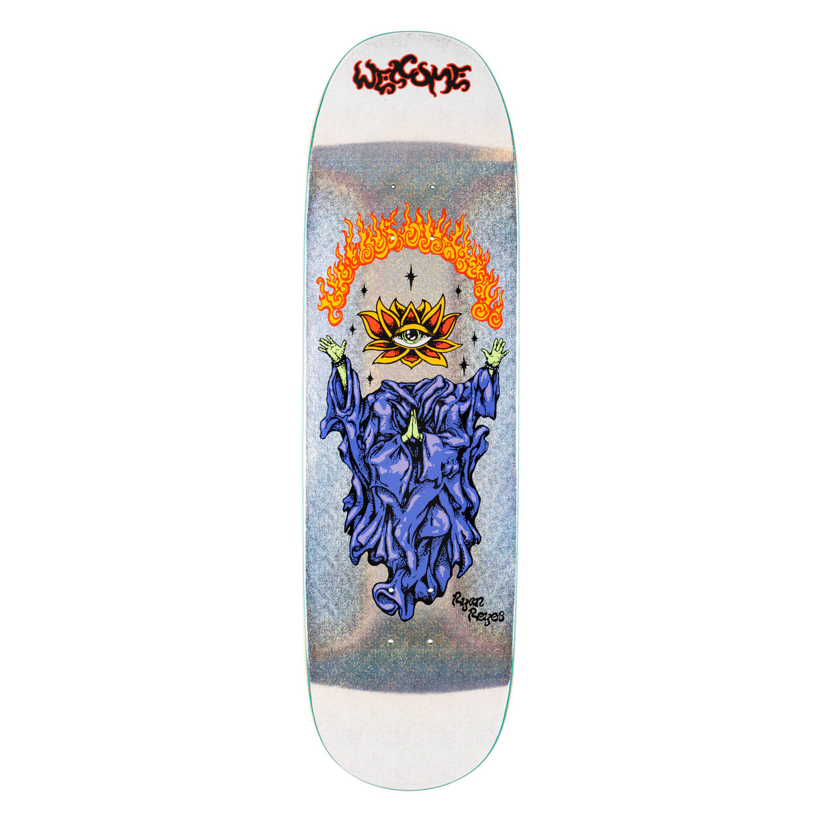 Welcome Ryan Reyes Rebirth on Baculus 2 - Glitter Prism Foil - 9.0 skateboard deck: Hooded figure in a purple robe with raised green hands and a flowering lotus with an eye for a head, beneath an arc of flames and small stars. Glitter prism foil background, Welcome logo at the top, rider name signed at the lower right.