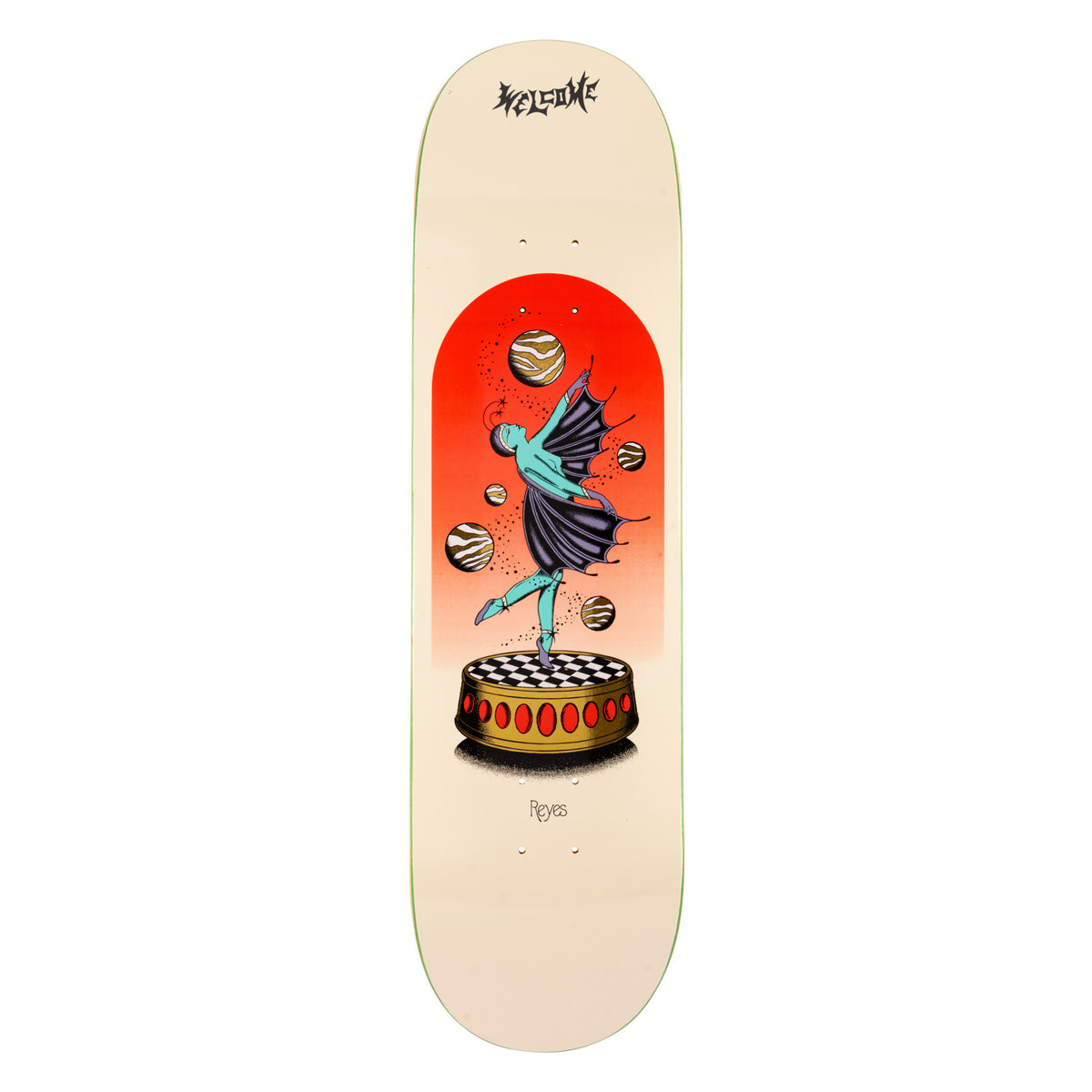 Welcome Ryan Reyes Dancer on Popciscle - Bone/Gold Foil - 8.5 skateboard deck: Tattoo-style illustration of a winged ballet dancer on pointe atop a checkered music-box pedestal, with striped planets around her inside a red-to-orange arched panel. Welcome logo at the top on a bone deck.