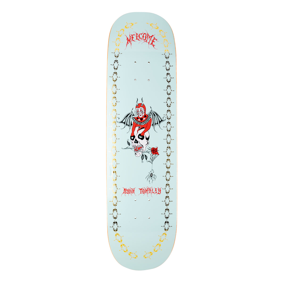Welcome Ryan Townley Angel on Enenra - Light Teal/Gold Foil - 8.5 skateboard deck: Pale teal deck with a red devil with bat wings perched on a skull holding a rose in its teeth, and a spider hanging below. Gold foil chain borders run down both sides and gothic red lettering names brand and rider.