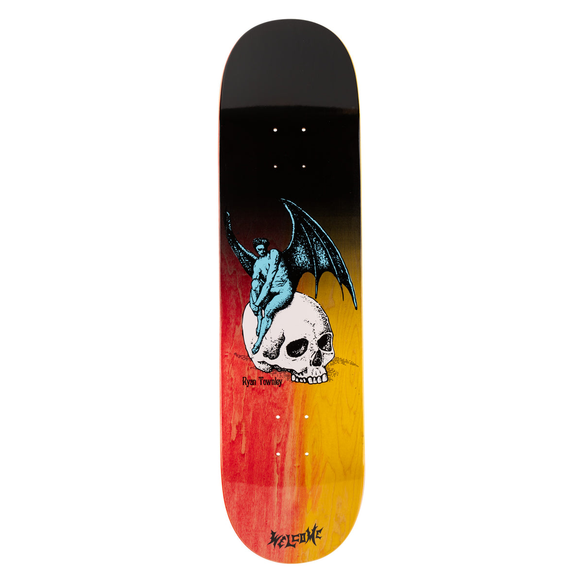 Welcome Ryan Townley Nephilim on Popsicle - Black/Fire Stain - 8.25 skateboard deck: Blue winged demon woman sitting hugging her knees on a large white skull, drawn in stippled tattoo style, on a deck fading from black to red and yellow stain. Welcome logo at the tail.