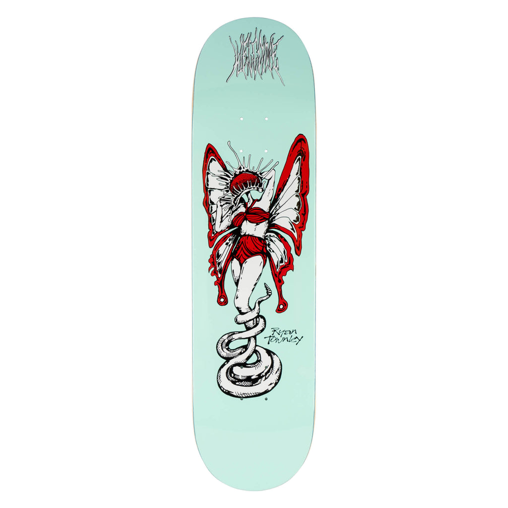 Welcome Ryan Townley Venus on Popsicle - Light Teal skateboard deck: A winged female figure with a red-and-white butterfly pattern and a spiked crown stands on a coiled white snake, with 'Ryan Townley' signed beside it and a spiky Welcome logo at the top, on a light teal board.