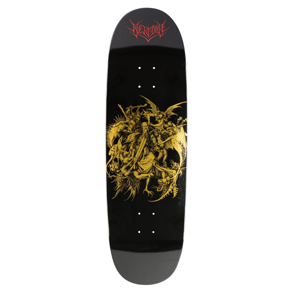 Welcome Saint on Boline 2.0 - Black/Gold Foil skateboard deck: A gold foil engraving of a saint surrounded by swirling winged demons and creatures, in the style of an old woodcut, on a black shaped deck. Red gothic Welcome lettering sits at the top.