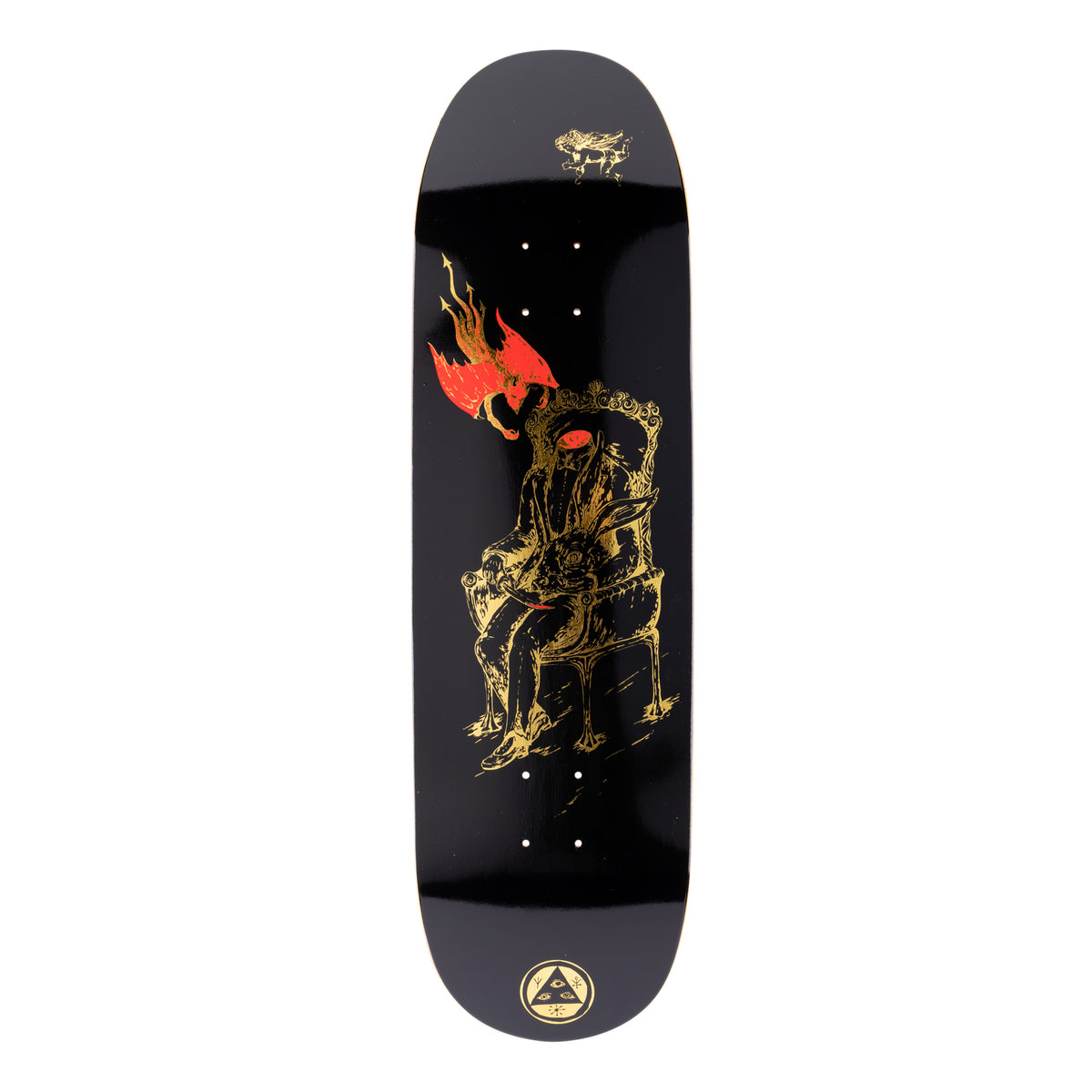 Welcome Self - Portrait on Baculus 2.0 - Black/Gold Foil - 9.0 skateboard deck: Gold foil line drawing on a black deck of a seated figure in an ornate armchair with a rabbit's head and red eyes, holding a small rabbit, with a red flaming bird-like shape rising from its shoulder. Welcome logo at the tail.