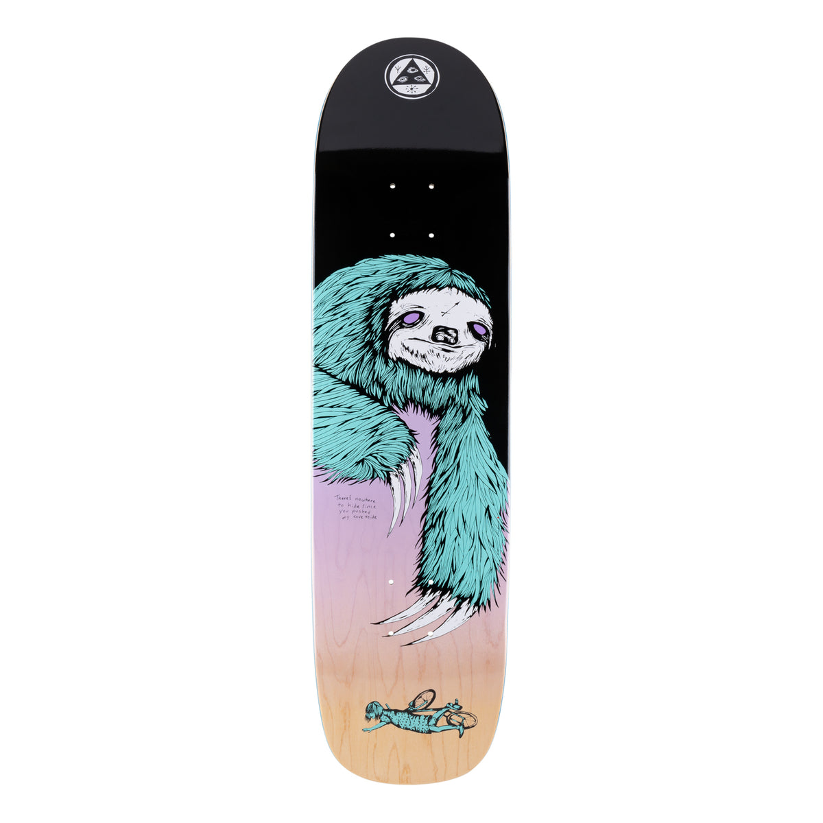 Welcome Sloth on Son of Planchette - Black/Lavender - 8.38 skateboard deck: Teal-furred sloth with purple eyes and long white claws hanging down a black to lavender to natural wood fade, with a small teal winged figure at the tail and the Welcome triangle logo at the nose.