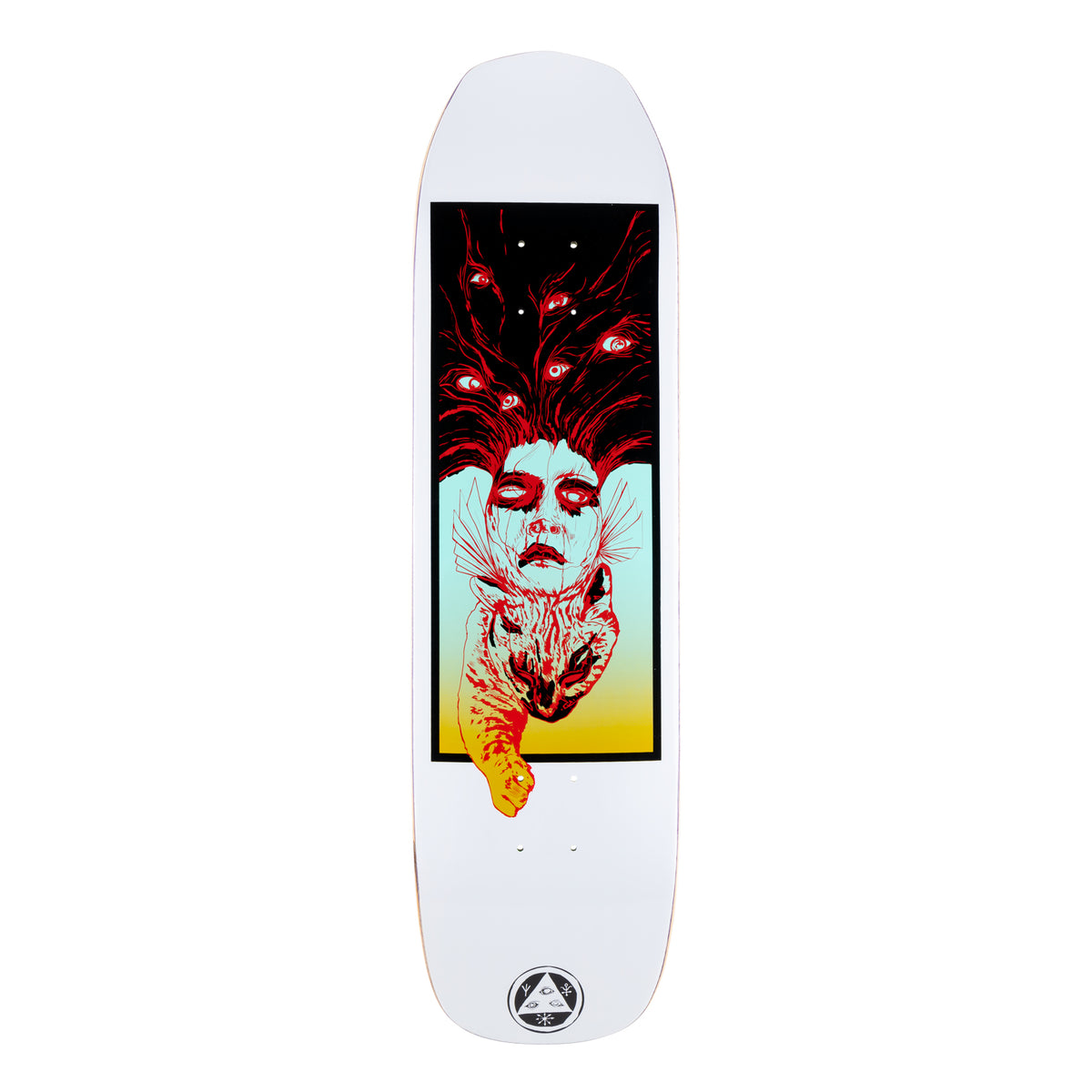 Welcome Stoker on Vimana - White - 8.25 skateboard deck: Boxed illustration on a white deck: a pale, hollow-eyed woman's face with red hair strands ending in staring eyes, over a snarling cat in red and yellow gradient. Welcome triangle logo at the foot.