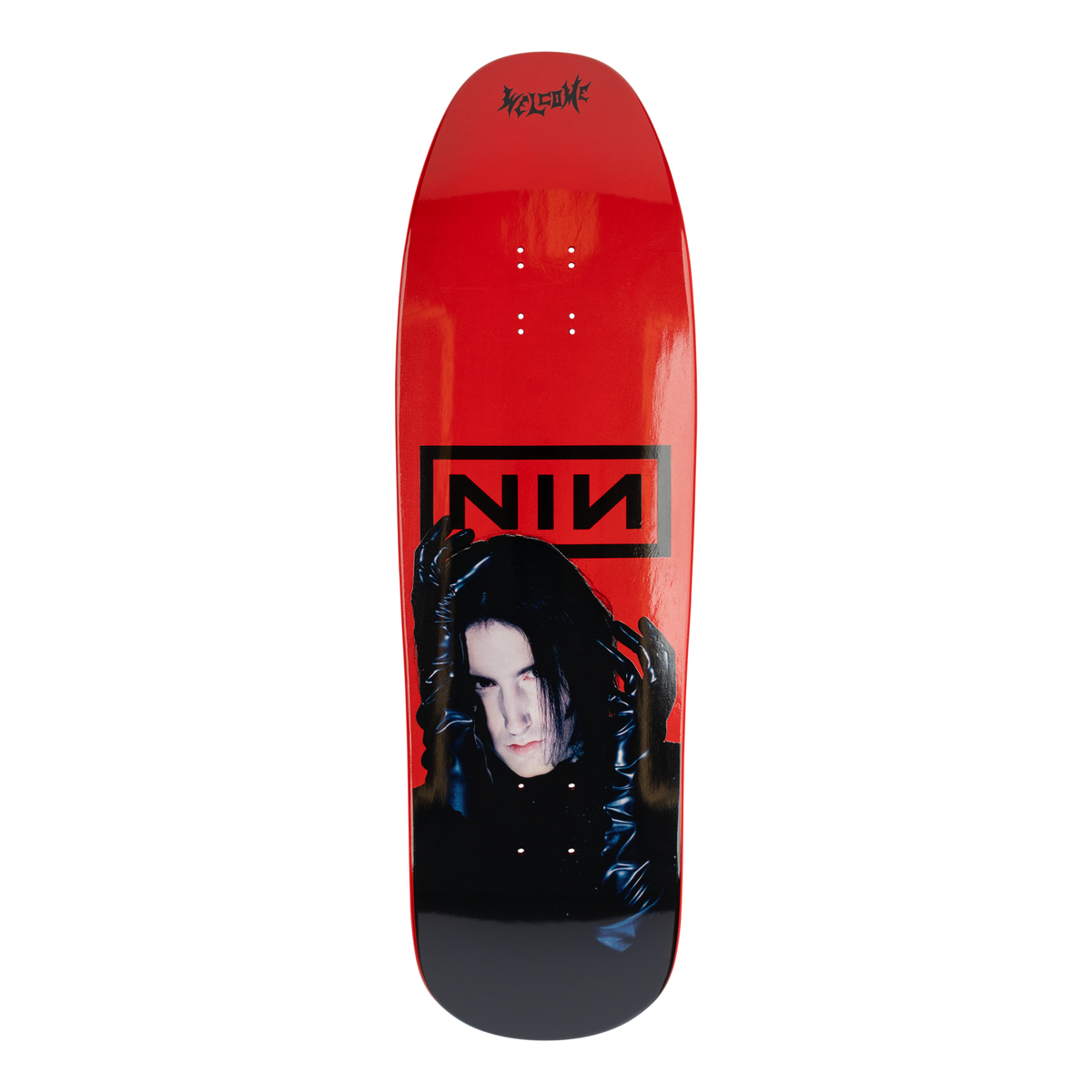 Welcome X Nine Inch Nails - Gloves - 9.6 skateboard deck: Photograph of a long-haired figure in black glossy gloves and clothing, hands to head, beneath a large black NIN logo, on a glossy red old-school shaped deck with a small Welcome logo at the top.