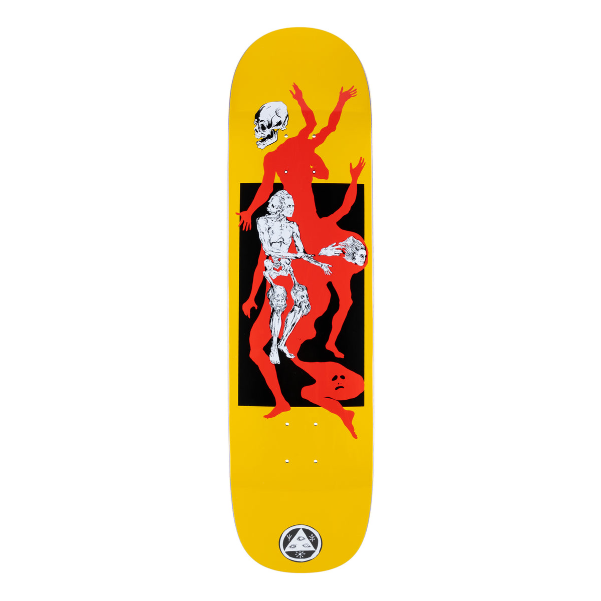 Welcome The Magician on Big Bunyip - Yellow - 8.5 skateboard deck: Red silhouette figures with raised arms and floating heads around a white skeleton, a skull and a mask, within a black rectangle on a yellow deck. Welcome circular logo at the bottom.