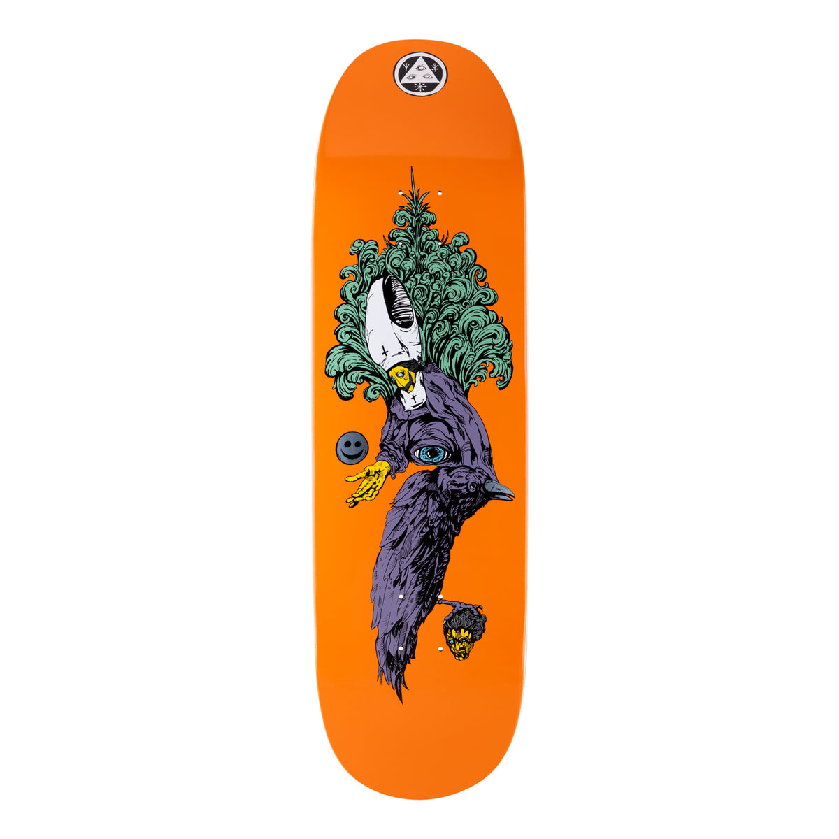 Welcome Tonight Im Yours on Baculus 2 - Orange - 9.0 skateboard deck: Surreal illustration on an orange deck: a hooded pale-faced figure with green foliage-like hair and an open yellow hand merges into a large purple raven with an eye, with a small smiley face and a tiny head below.