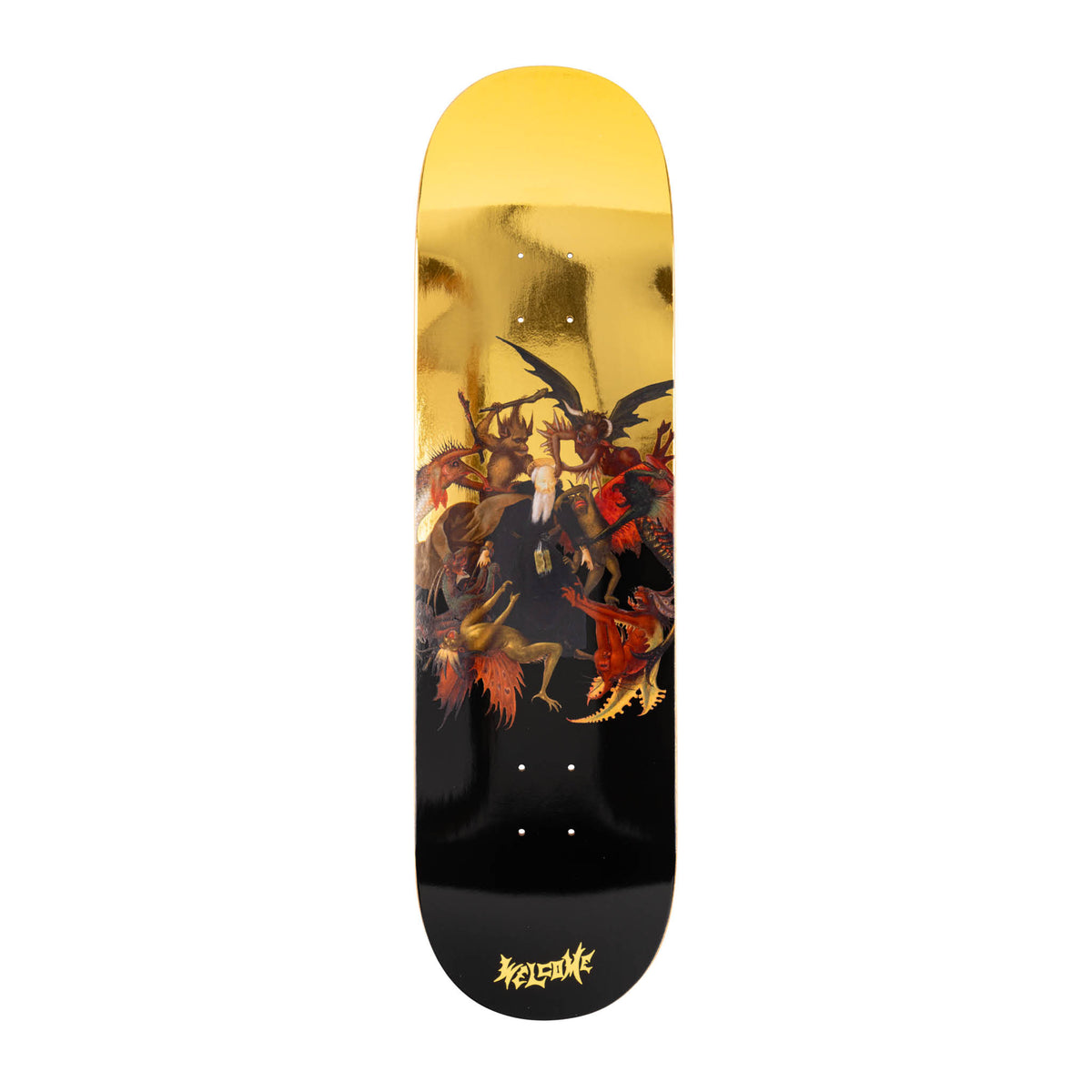 Welcome Torment on Popsicle - Black/Gold Foil - 8.75 skateboard deck: A painted scene of a robed figure surrounded by demons and winged monsters, in a classical old master style, on a deck fading from gold foil at the top to black, with a gold Welcome logo at the tail.