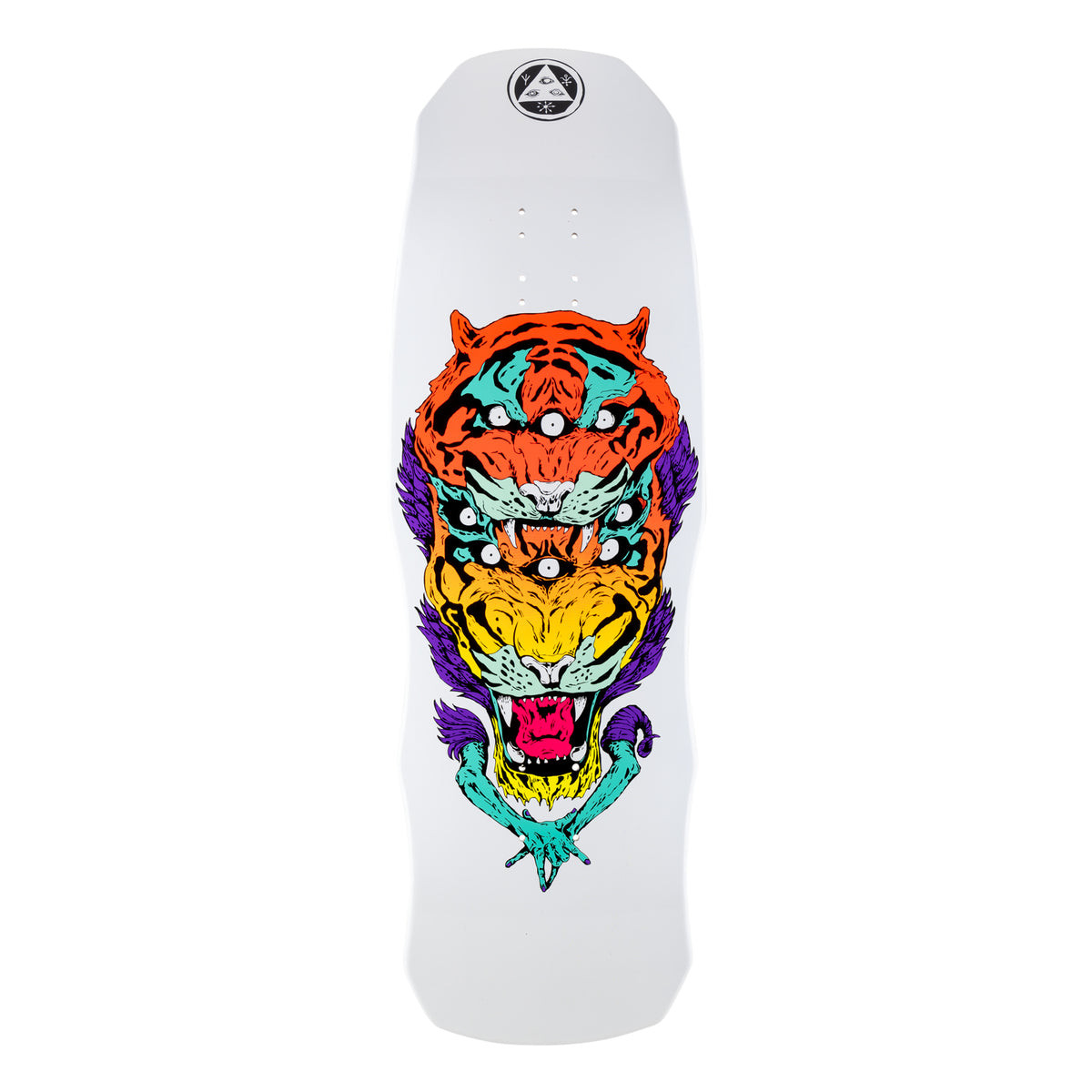 Welcome Triger on Dark Lord - White Dip - 9.75 skateboard deck: Stacked three-faced tiger with multiple eyes in orange, yellow and teal, topped with purple feathers or fur and a teal hand beneath, on a white old-school shaped deck with a Welcome logo at the top.